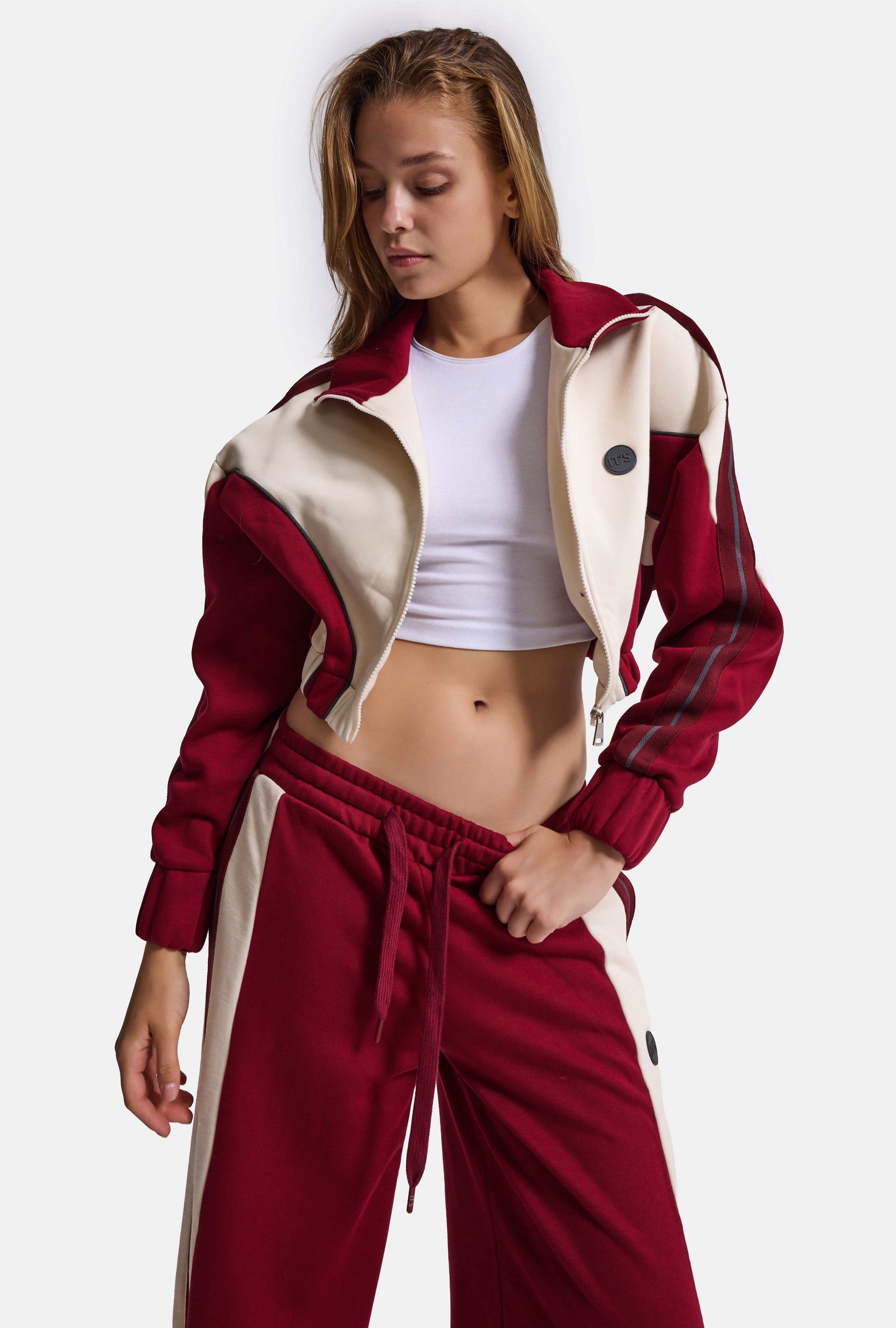 Kadın Bordo Bej w6-35 Crop Sweatshirt Eşofman Pantolon 2'li Tasarım Takım