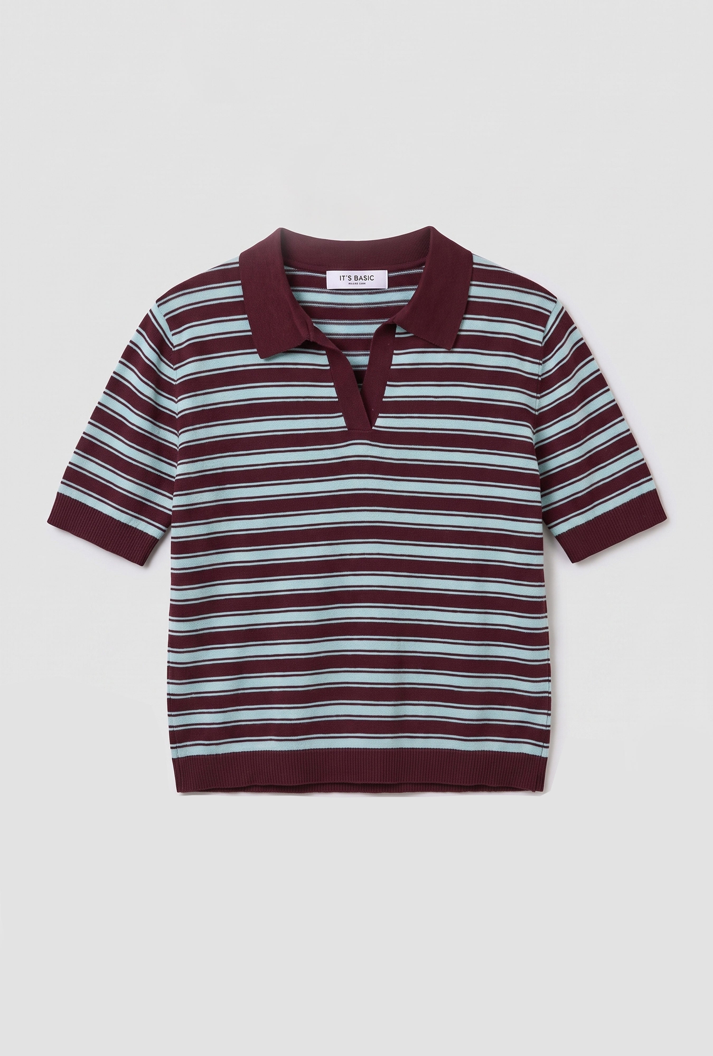 Kadın Bordo Çizgili w6-35 Oversize Polo Yaka Triko