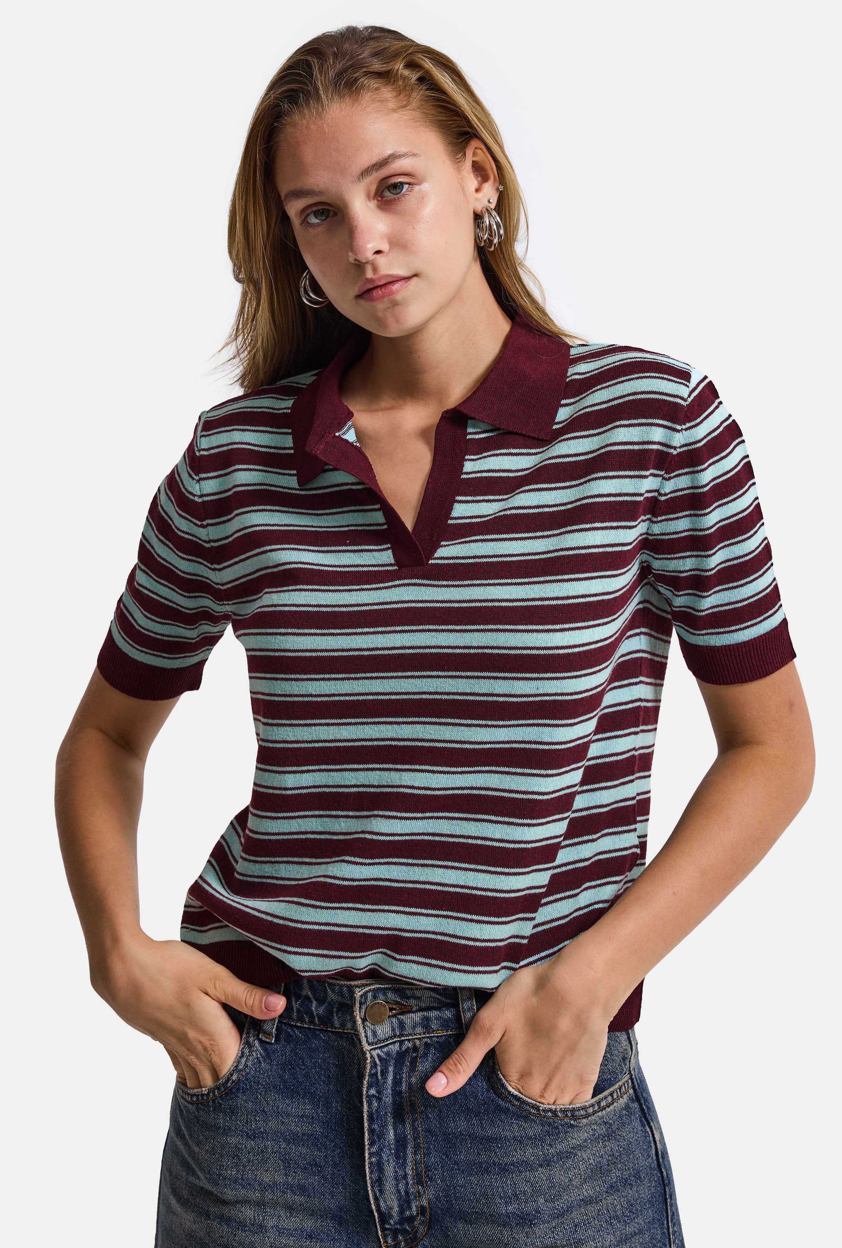 Kadın Bordo Çizgili w6-35 Oversize Polo Yaka Triko