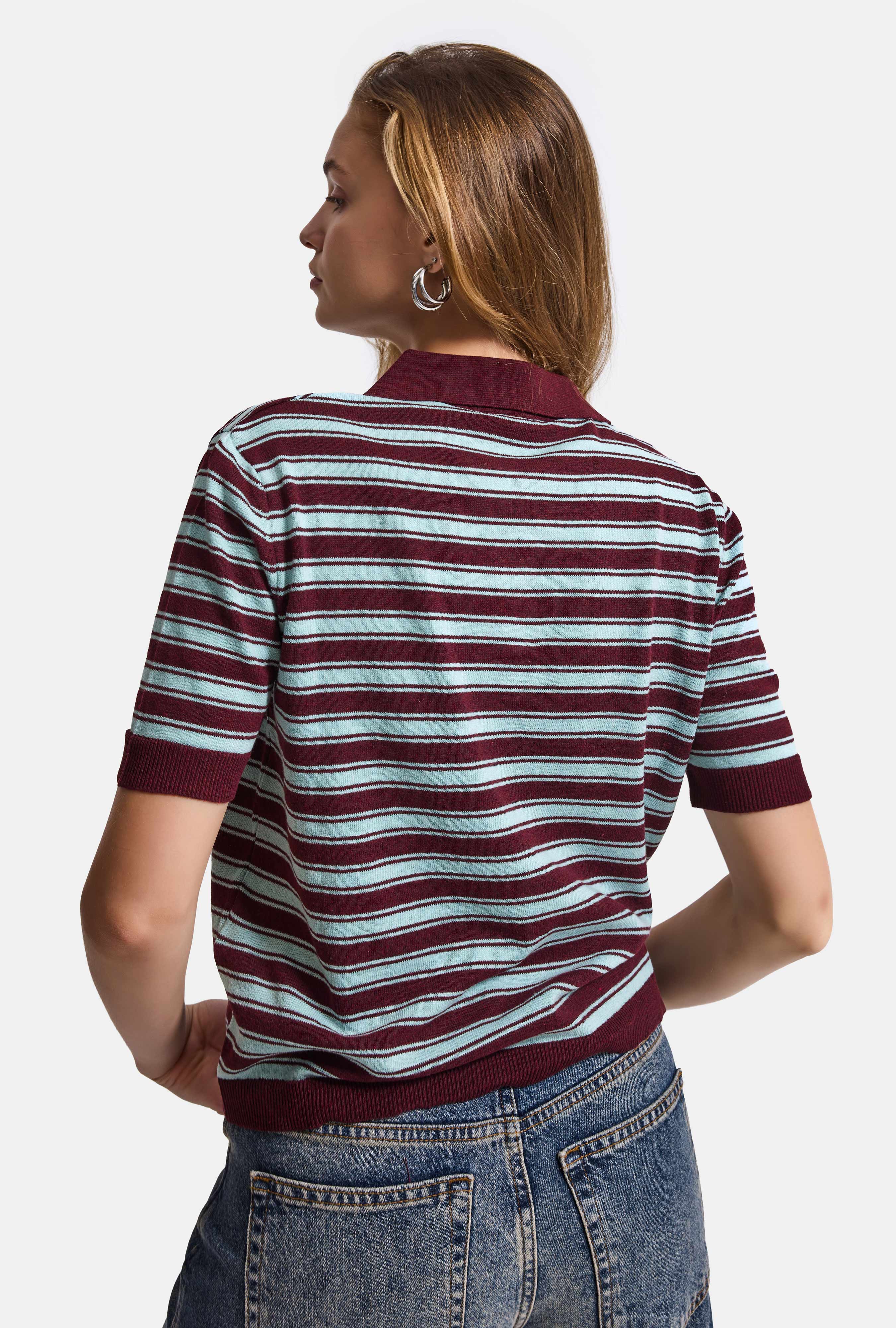 Kadın Bordo Çizgili w6-35 Oversize Polo Yaka Triko