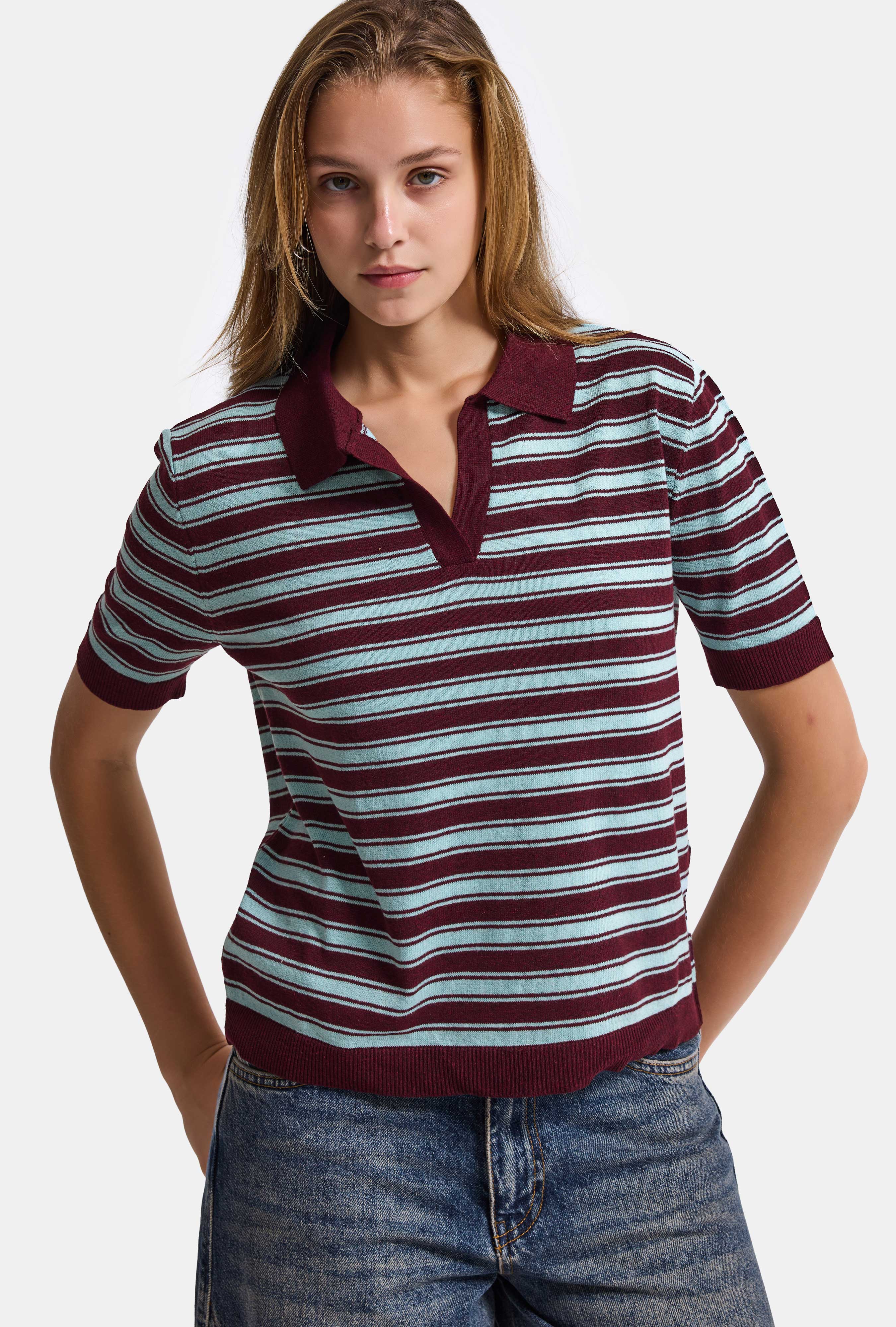 Kadın Bordo Çizgili w6-35 Oversize Polo Yaka Triko