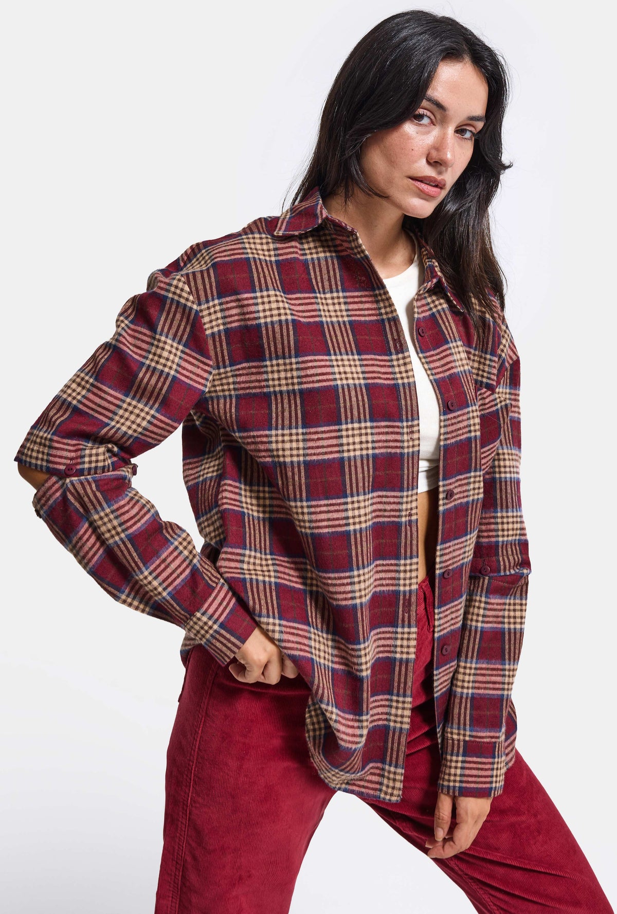 Kadın Bordo Ekose w6-38 Oversize Gömlek