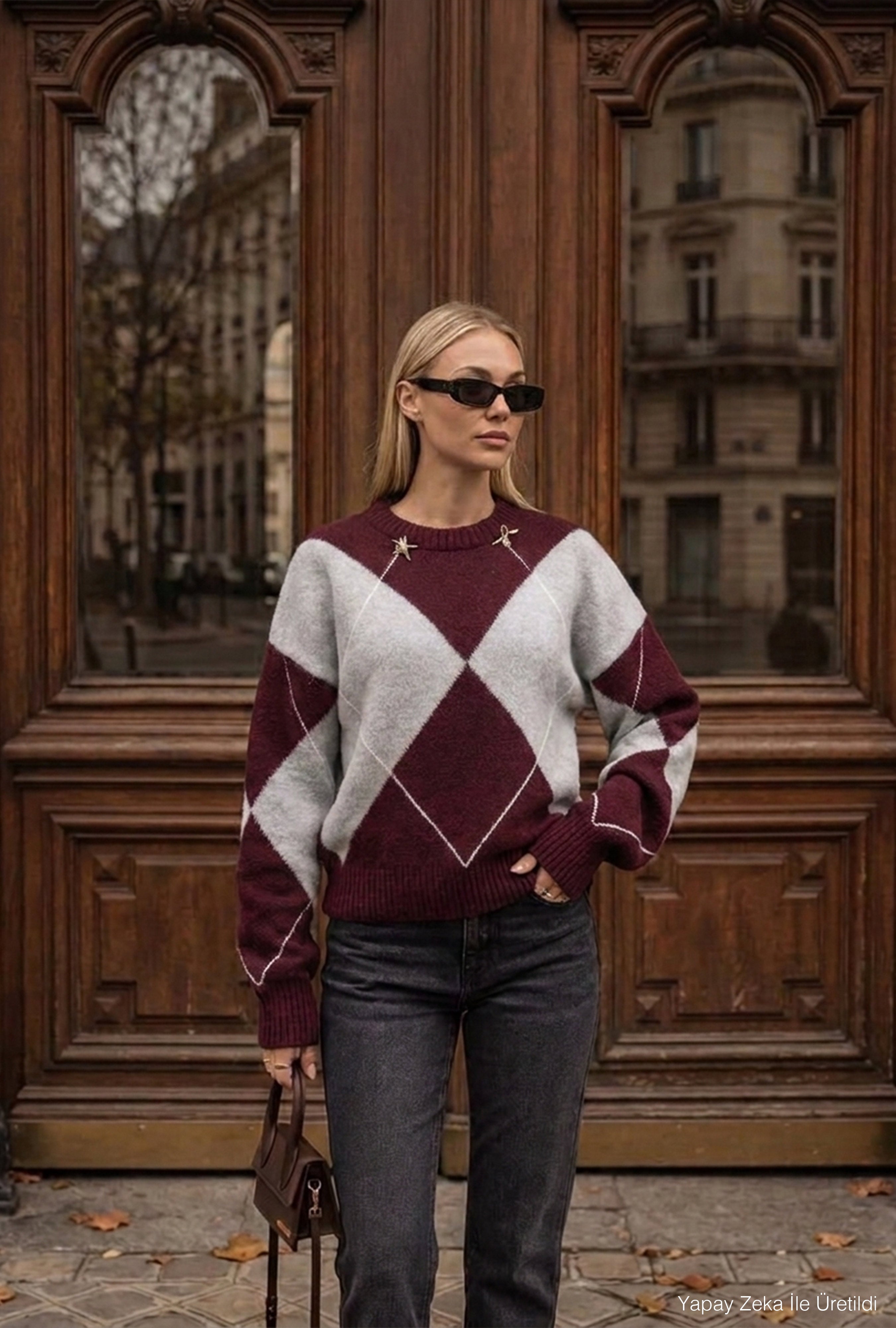 Kadın Bordo Gri w6-35 Oversize Baklava Desenli Aksesuar Detaylı Tasarım Triko Kazak