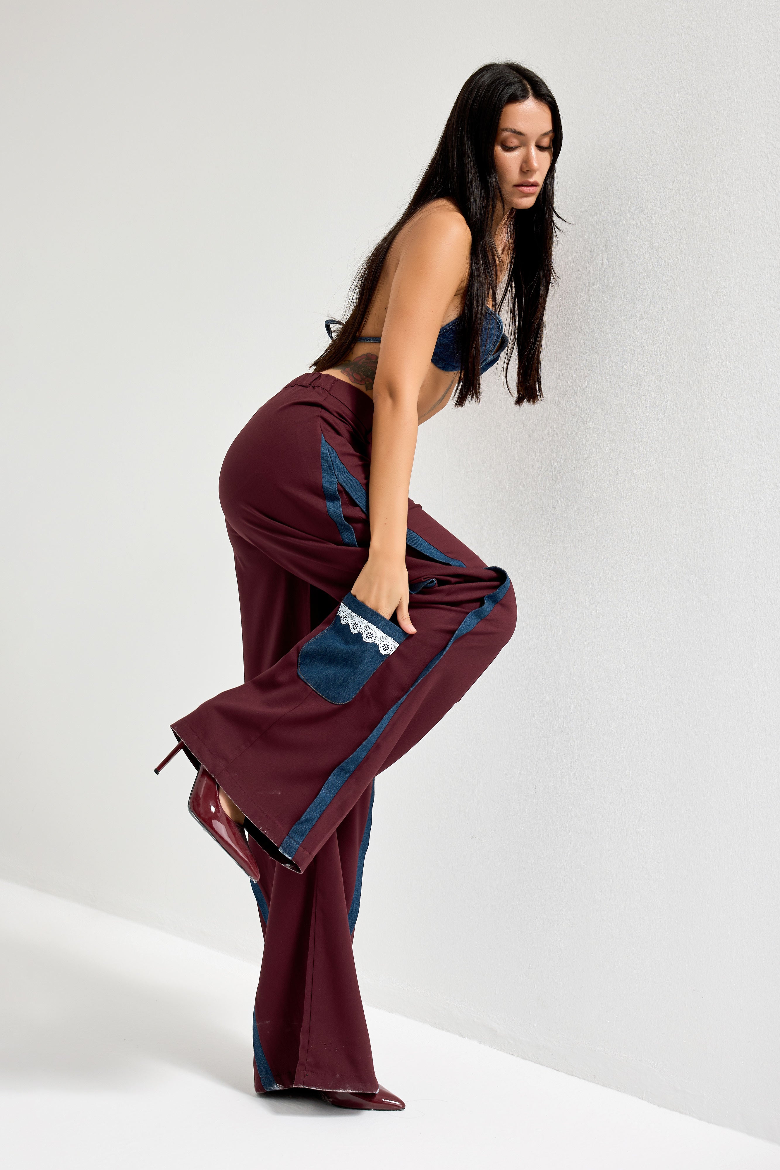 Kadın Bordo Palazzo Fit Denim Detaylı Özel Tasarım Pantolon