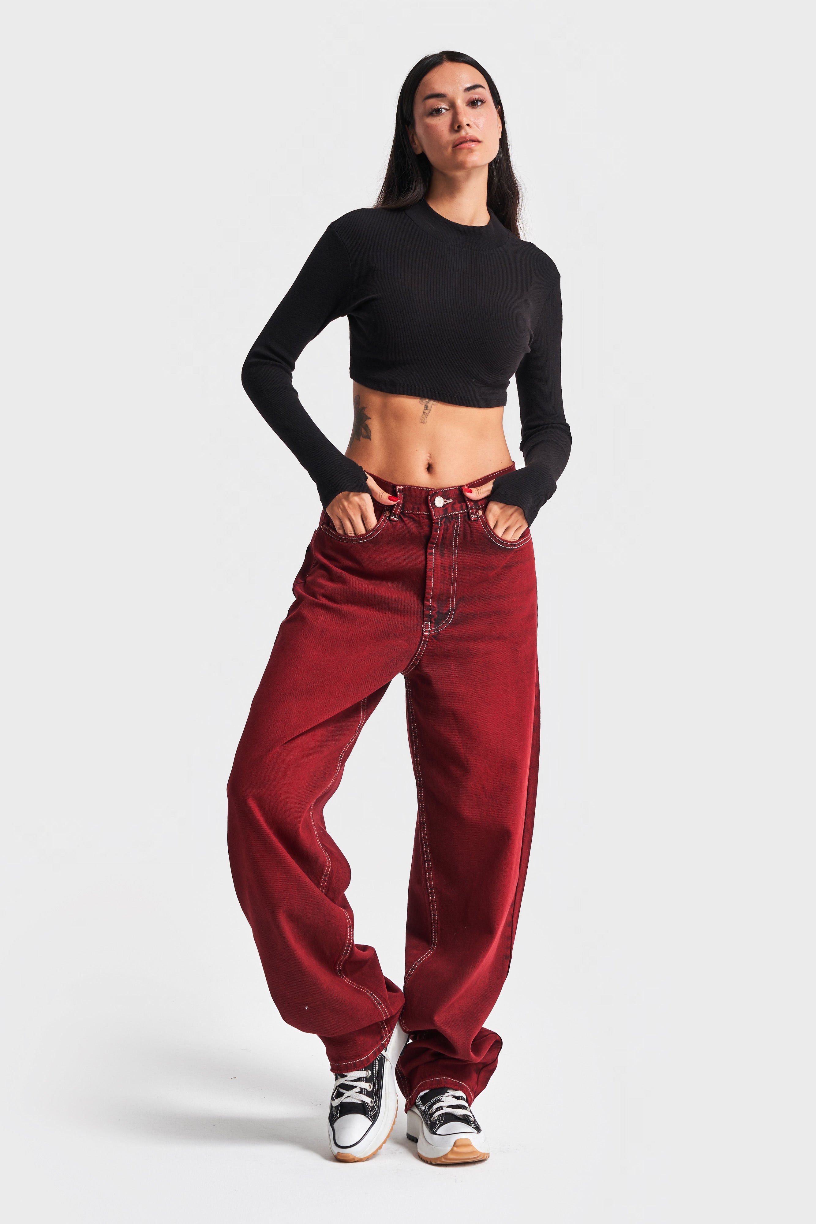 Kadın Bordo Renk Cindy 20W4-35 Skater Fit Orta Bel %100 Koton Özel Yıkama Denim Jean