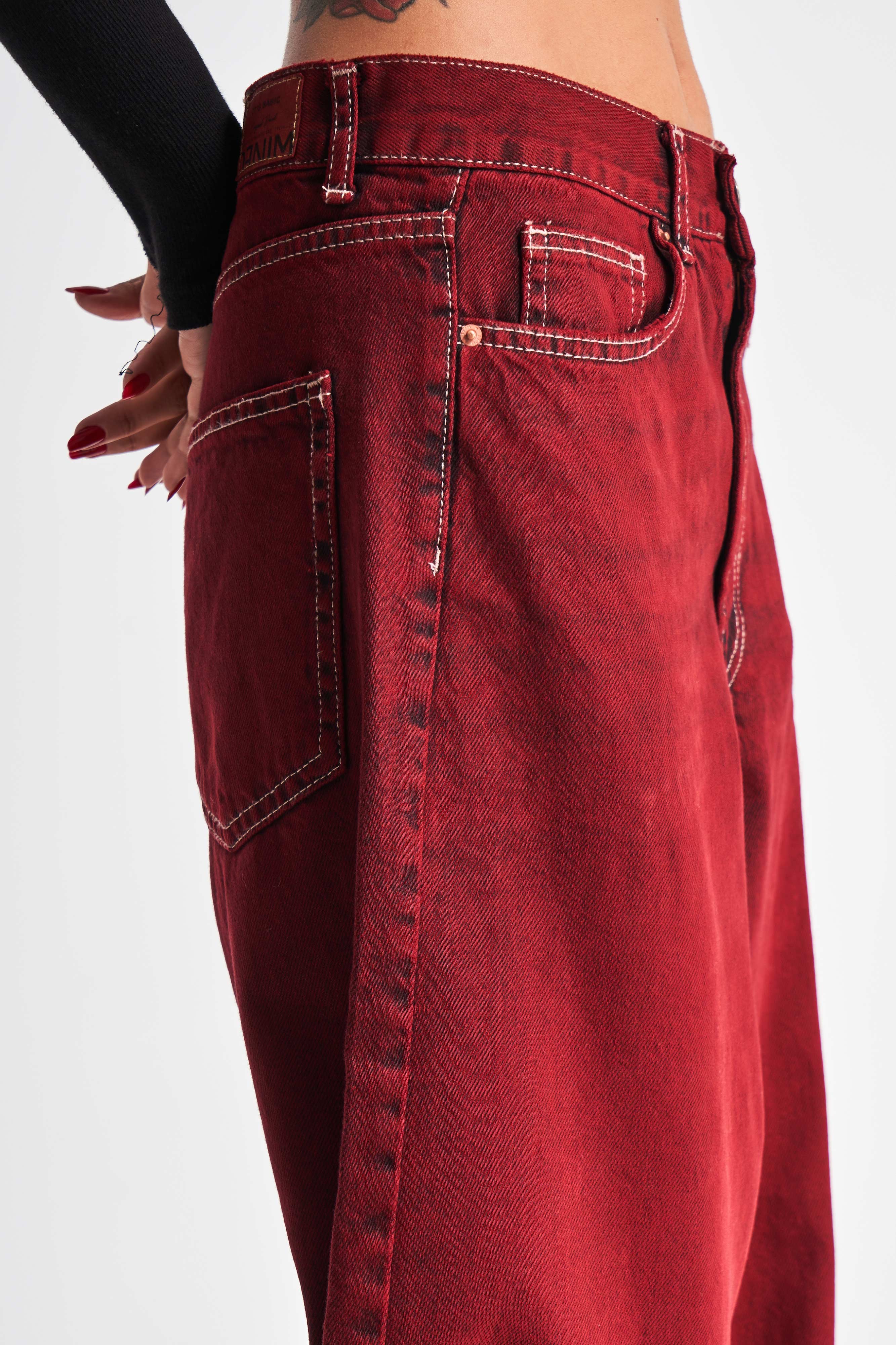 Women's Claret Red Color 20W4-35 Skater Fit Mid Waist 100% Cotton Special Wash Denim Jean