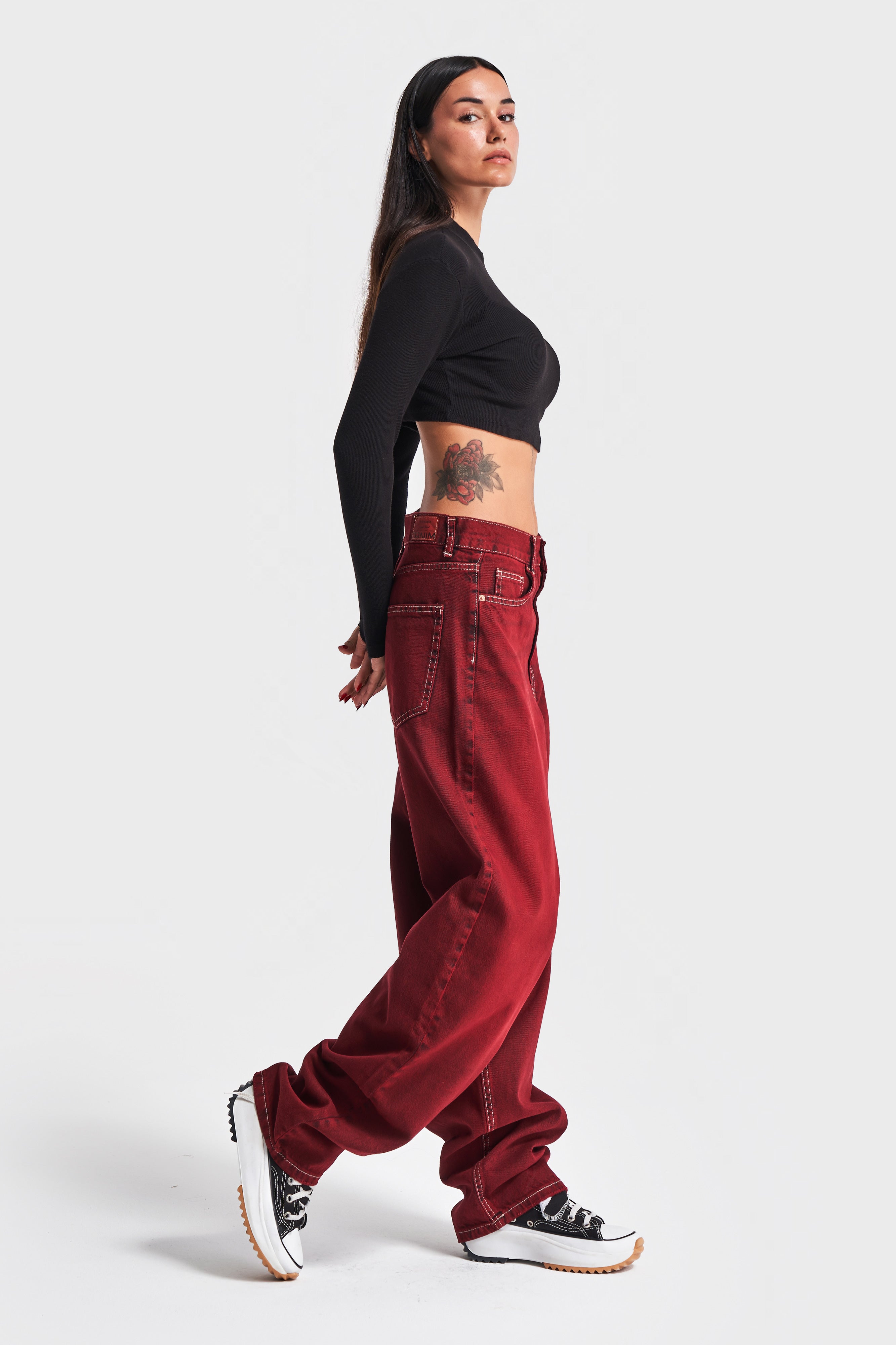 Women's Claret Red Color 20W4-35 Skater Fit Mid Waist 100% Cotton Special Wash Denim Jean