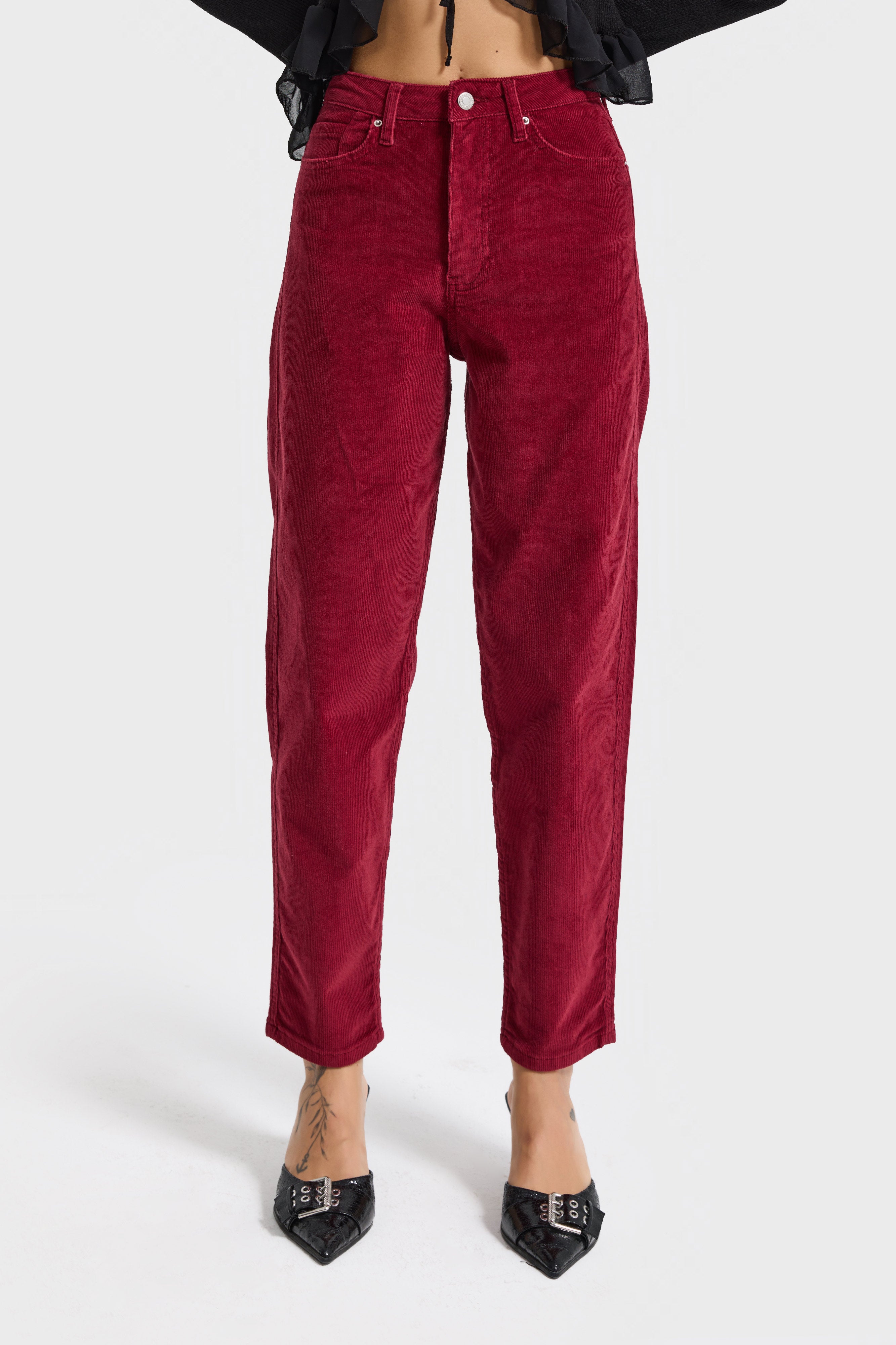 Kadın Bordo Renk 26w5-35 Relax Fit Esnek Kumaş İnce Fitilli Velvet Kadife Kumaş Pantolon