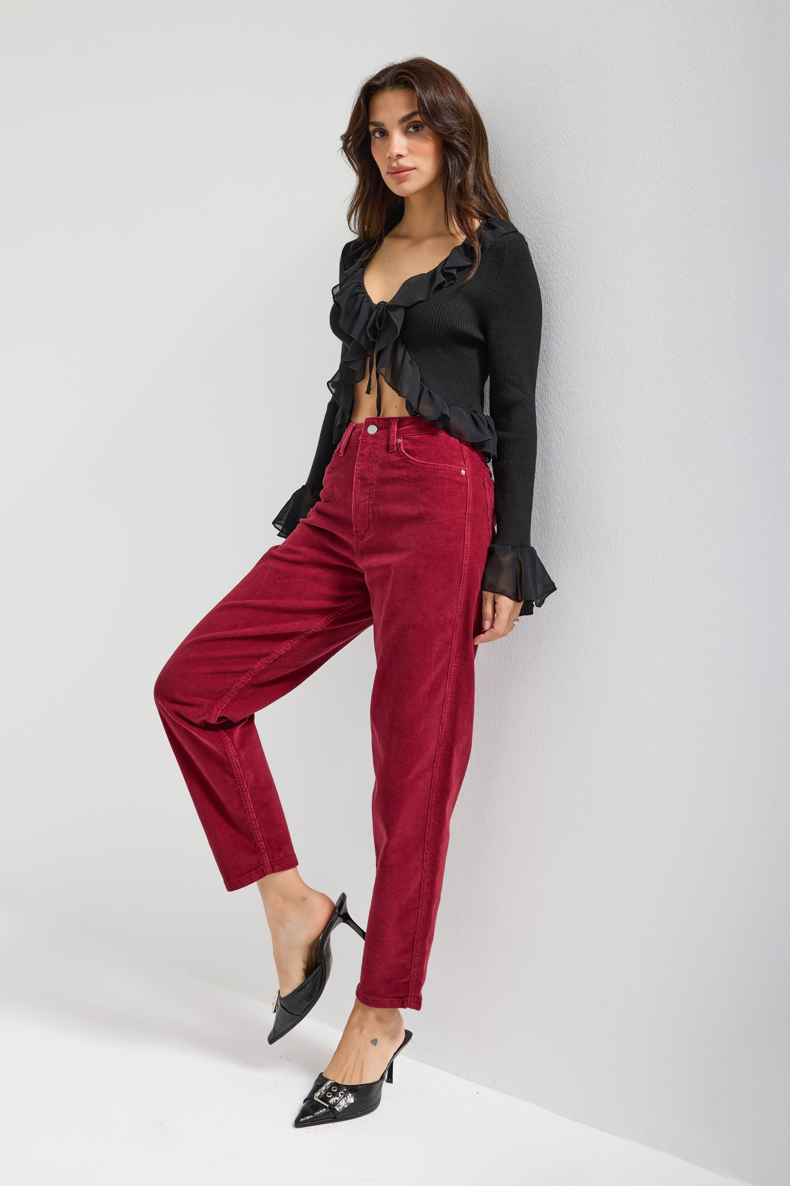 Kadın Bordo Renk 26w5-35 Relax Fit Esnek Kumaş İnce Fitilli Velvet Kadife Kumaş Pantolon