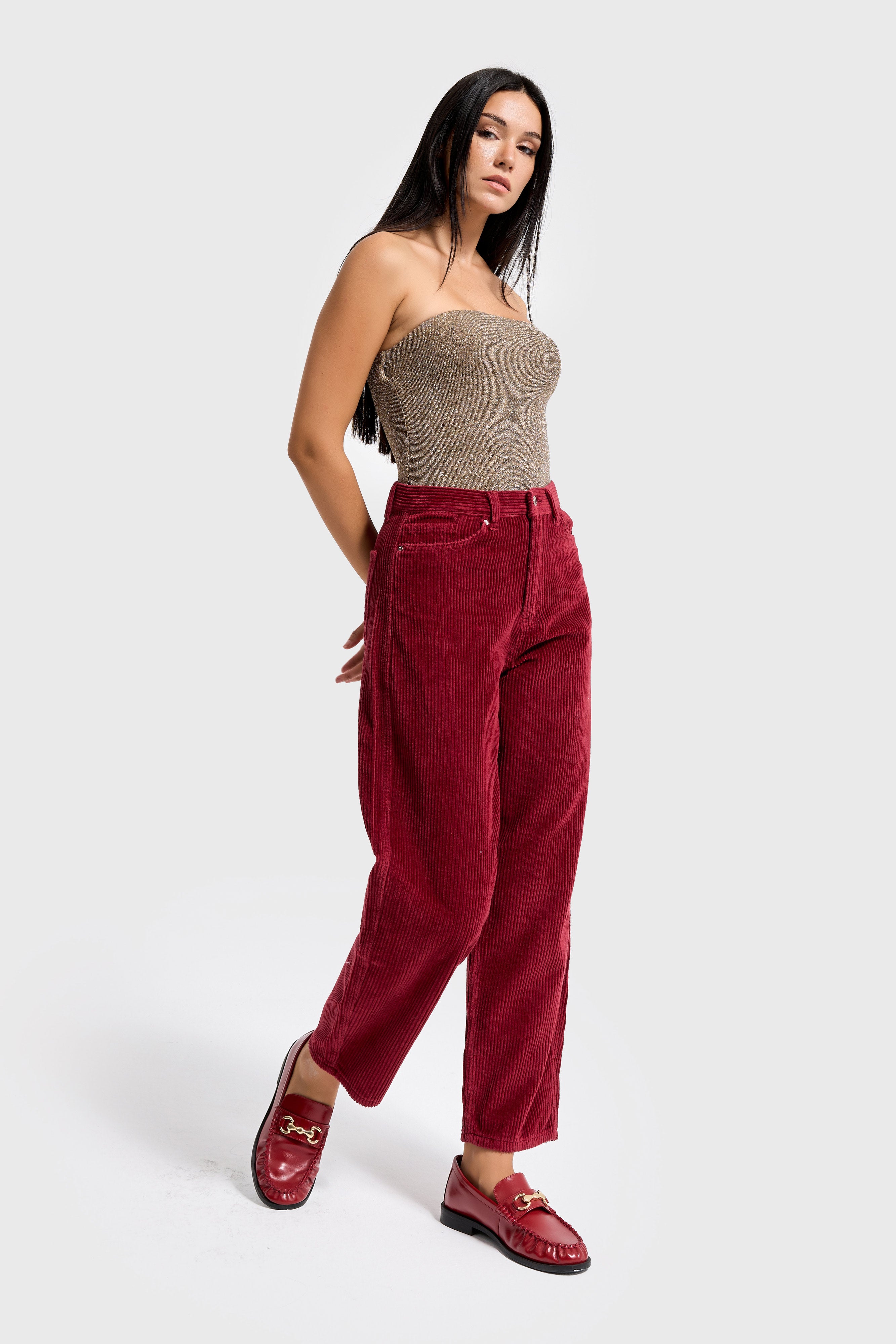 Kadın Bordo Renk 26w5-35 Relax Fit Kalın Fitilli Velvet Kadife Kumaş Pantolon