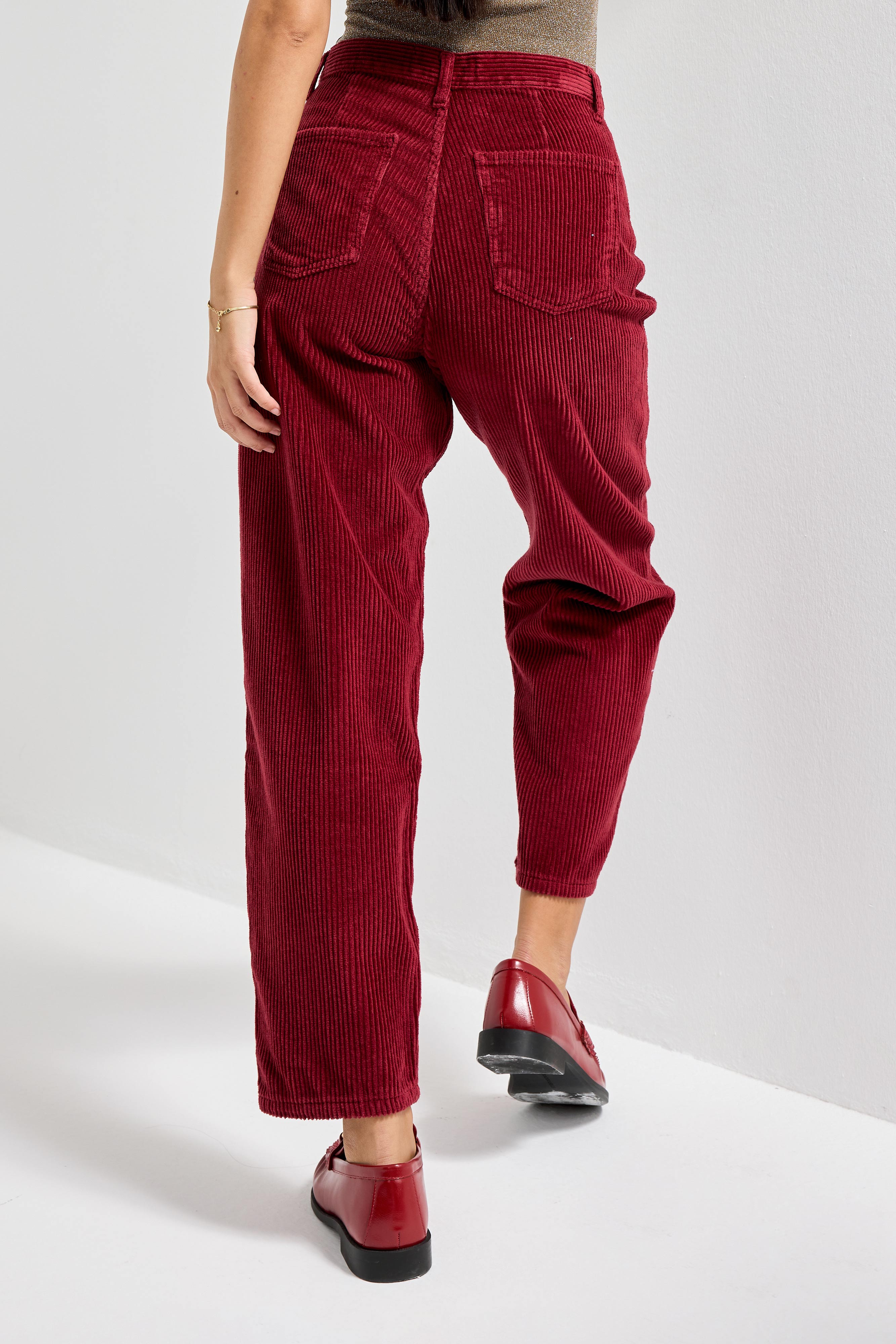 Kadın Bordo Renk 26w5-35 Relax Fit Kalın Fitilli Velvet Kadife Kumaş Pantolon