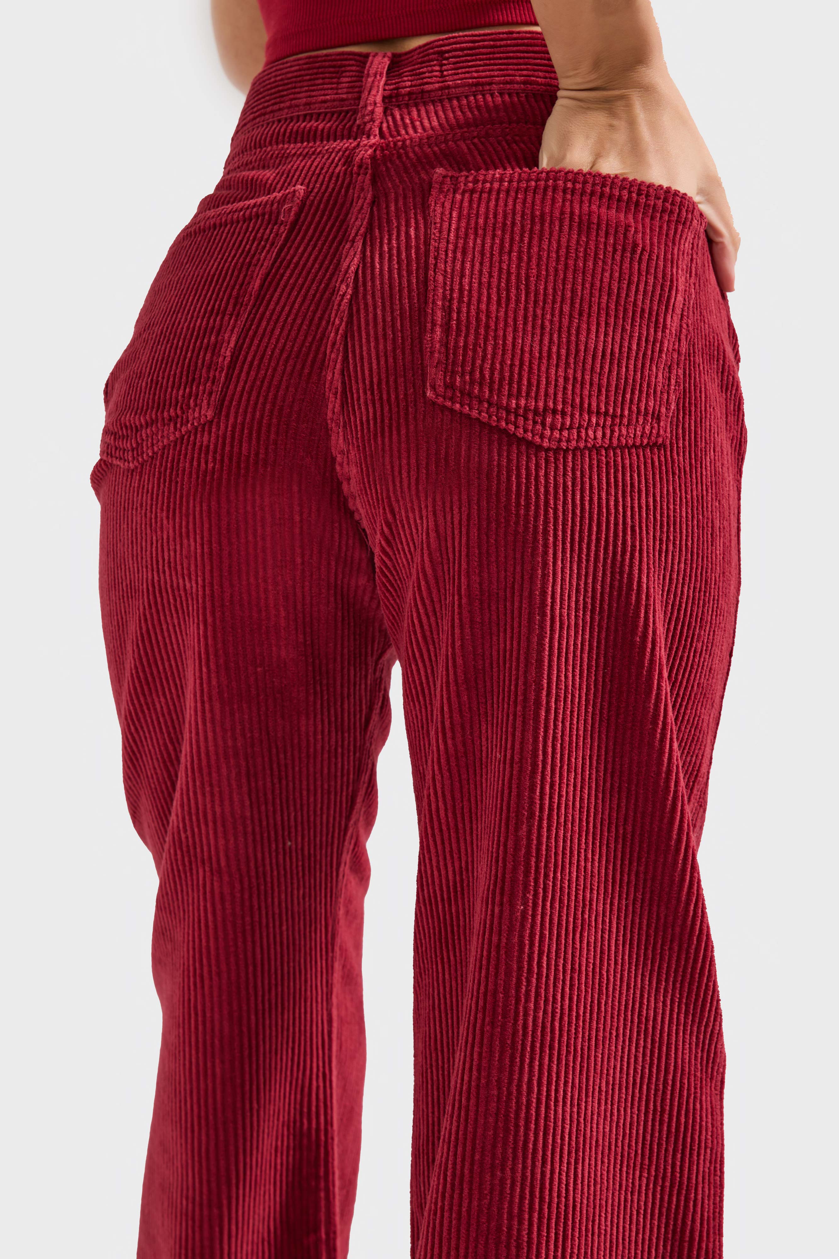 Kadın Bordo Renk Doris 26w5-35 Straight Fit Yüksek Bel Kalın Fitilli Velvet Kadife Kumaş Pantolon