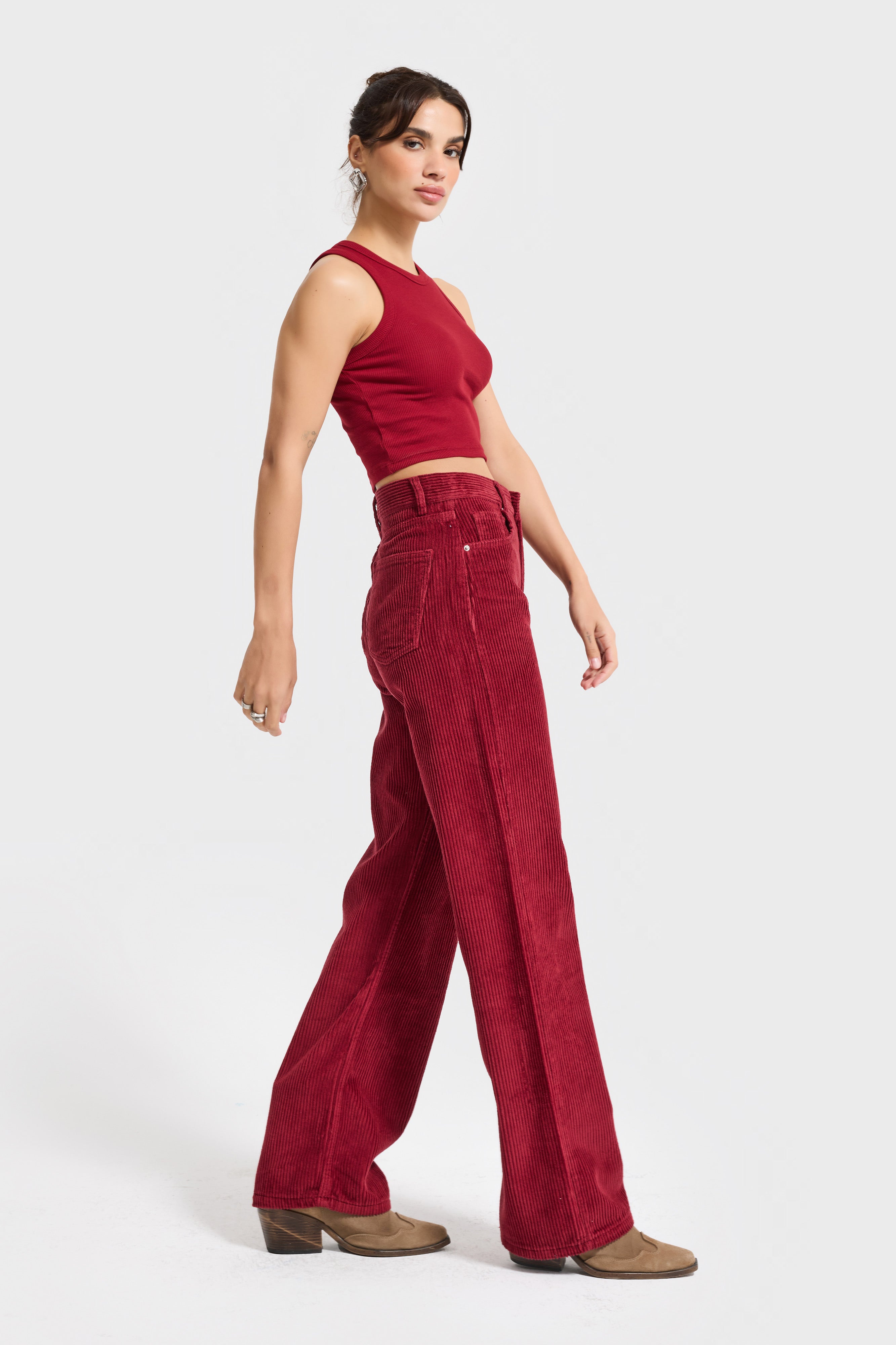 Kadın Bordo Renk Doris 26w5-35 Straight Fit Yüksek Bel Kalın Fitilli Velvet Kadife Kumaş Pantolon