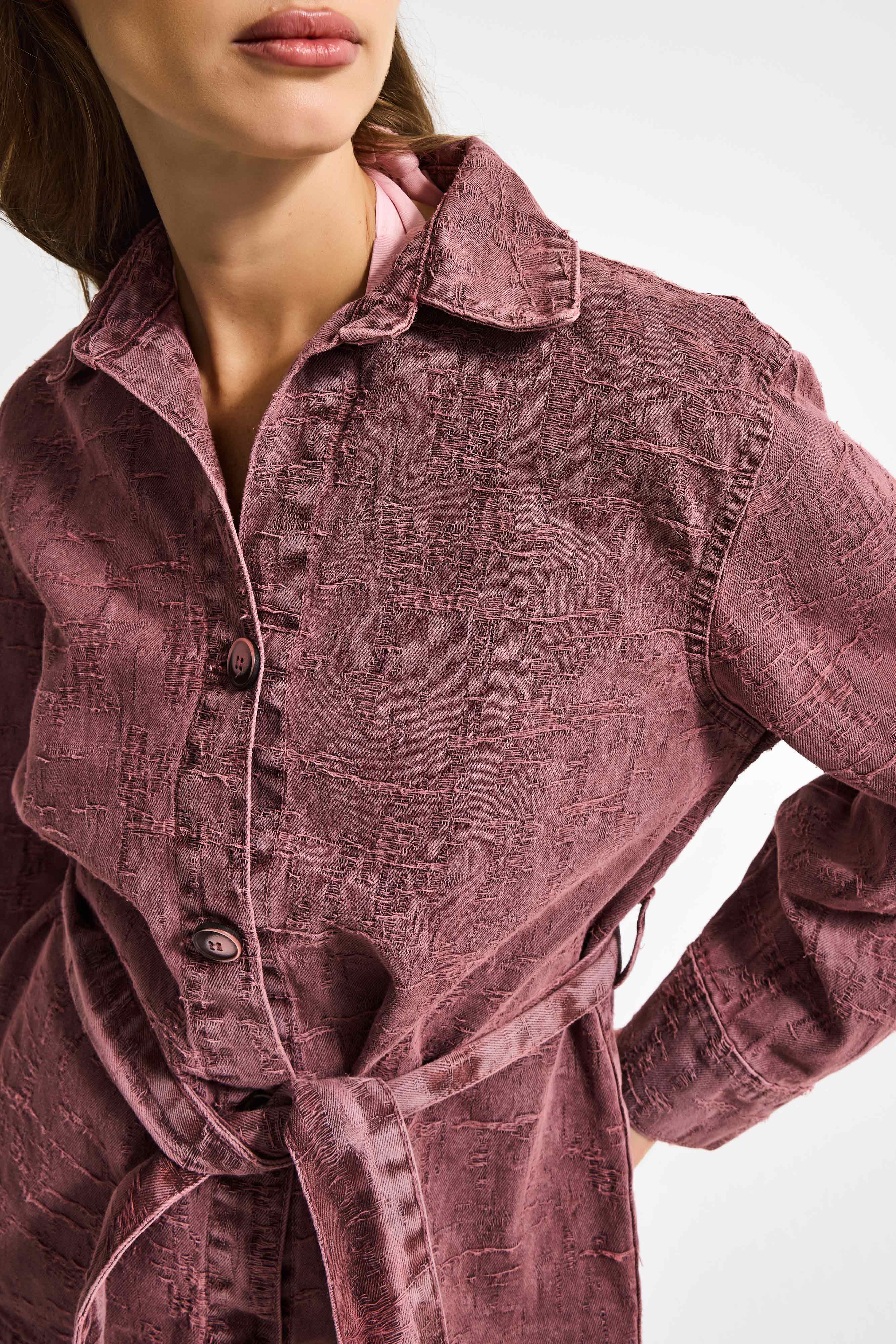 Kadın Gül Kurusu 6s6-98 Oversize Kemer Detaylı Kumaş Özellikli Tasarım Denim Ceket