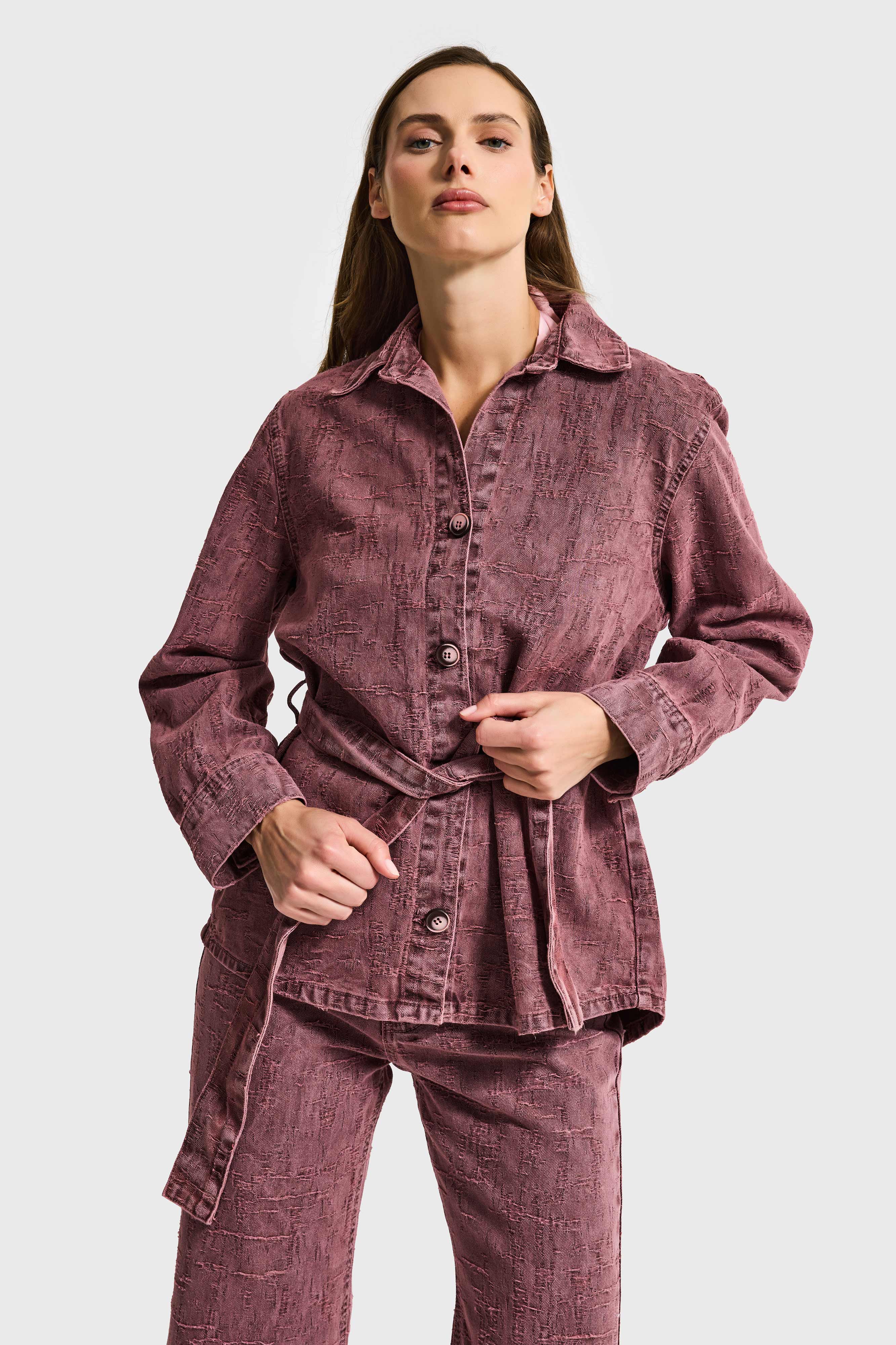 Kadın Gül Kurusu 6s6-98 Oversize Kemer Detaylı Kumaş Özellikli Tasarım Denim Ceket