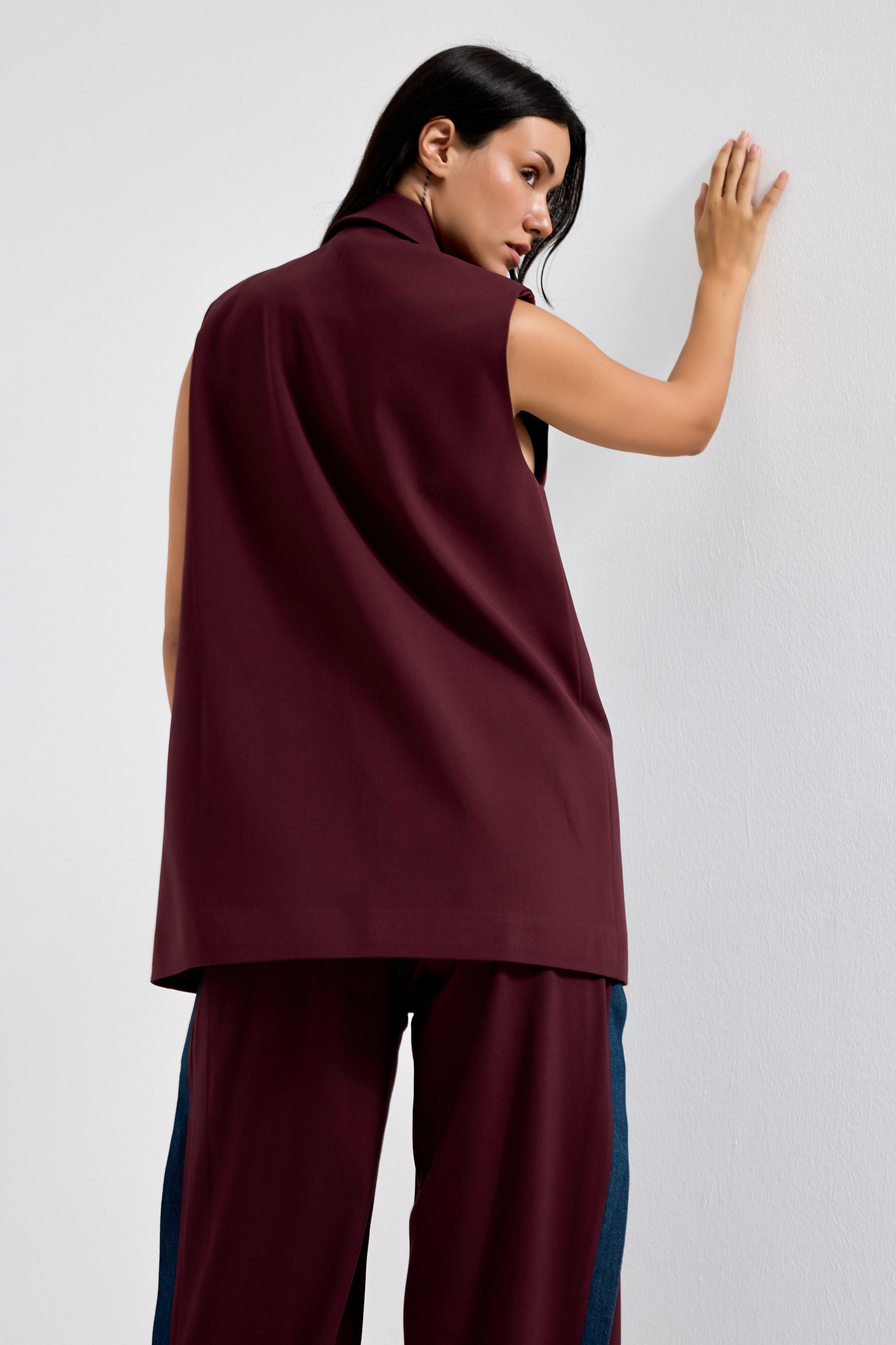 Kadın Bordo Renk Denim Parçalı Uzun Boy Özel Tasarım İçi Astarlı Yelek