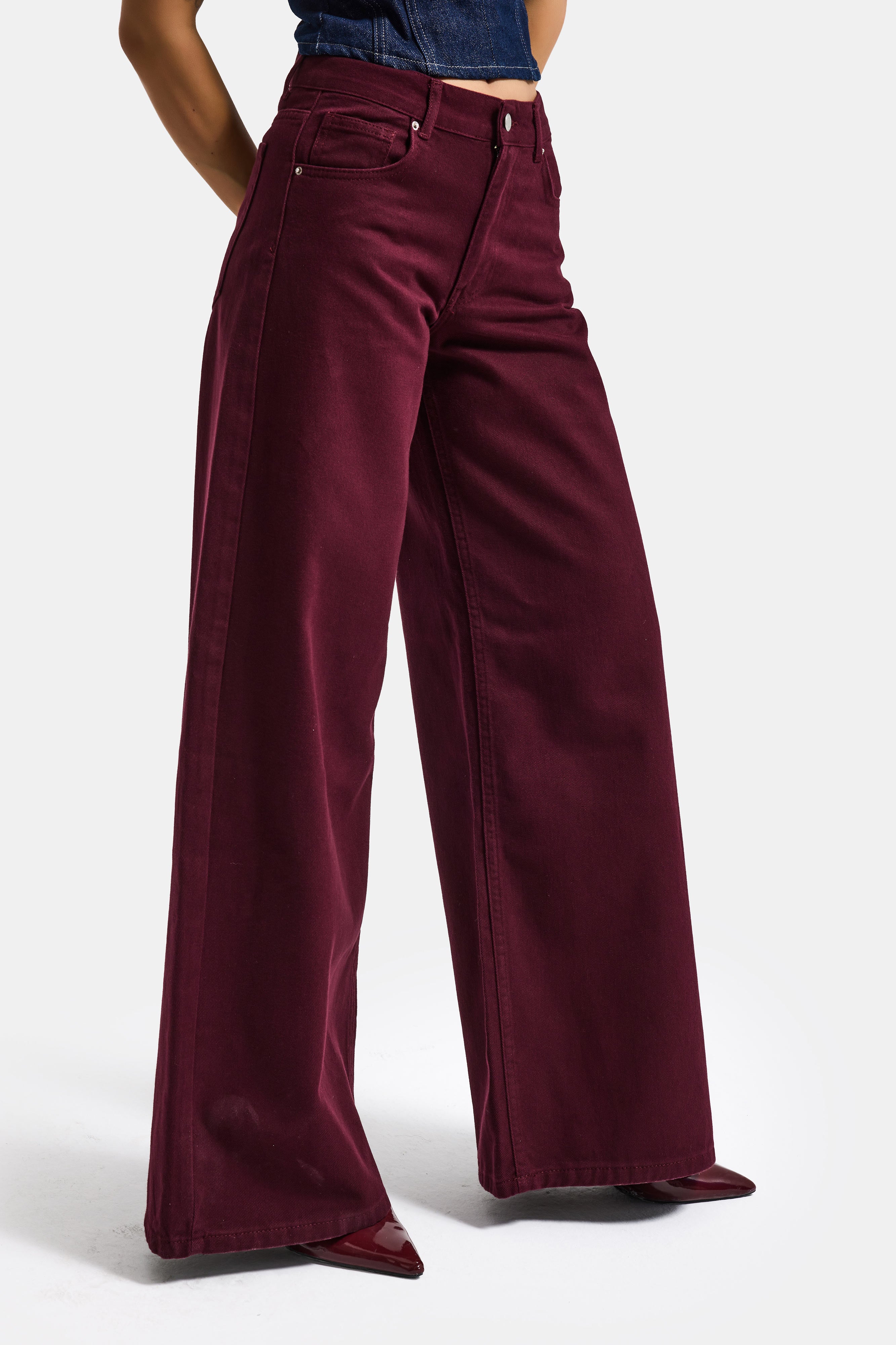 Kadın Bordo Renk Hera 7s6-35 Palazzo Fit %100 Koton Denim Jean