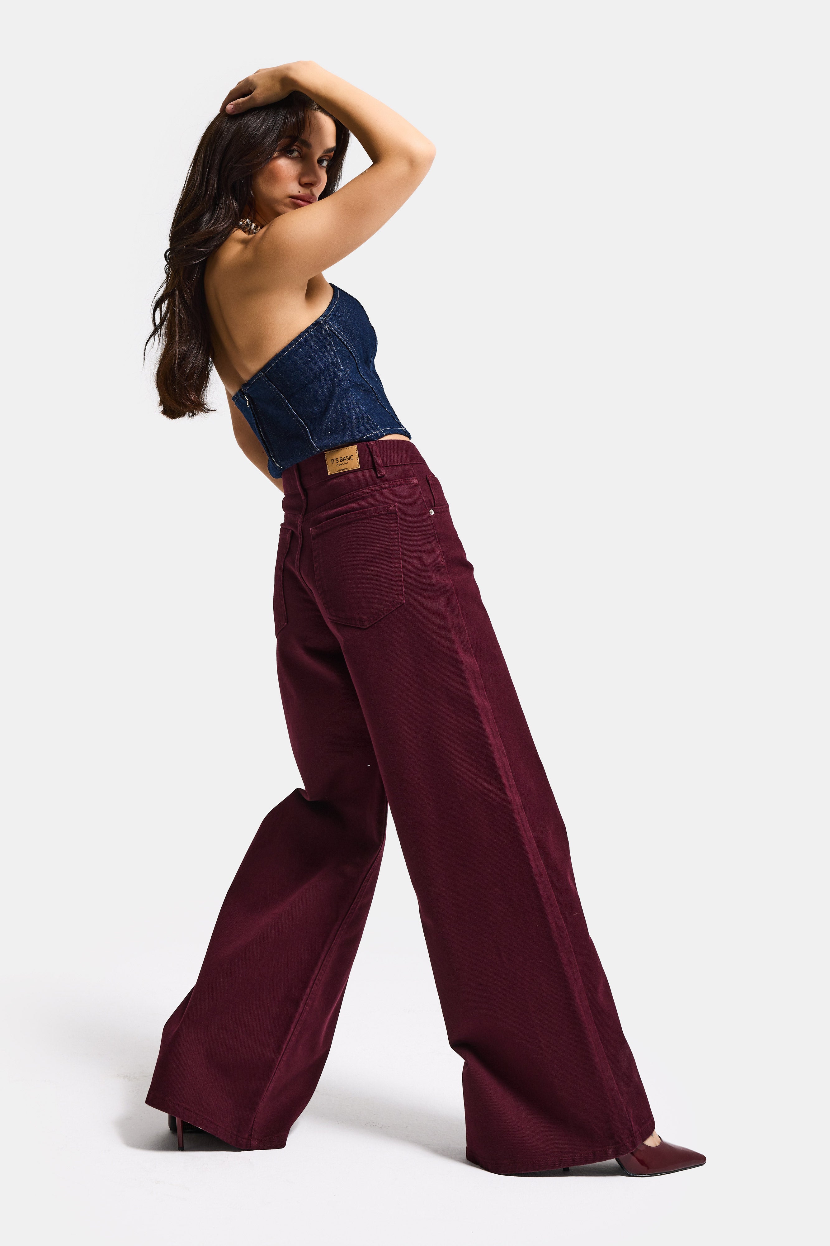 Kadın Bordo Renk Hera 7s6-35 Palazzo Fit %100 Koton Denim Jean