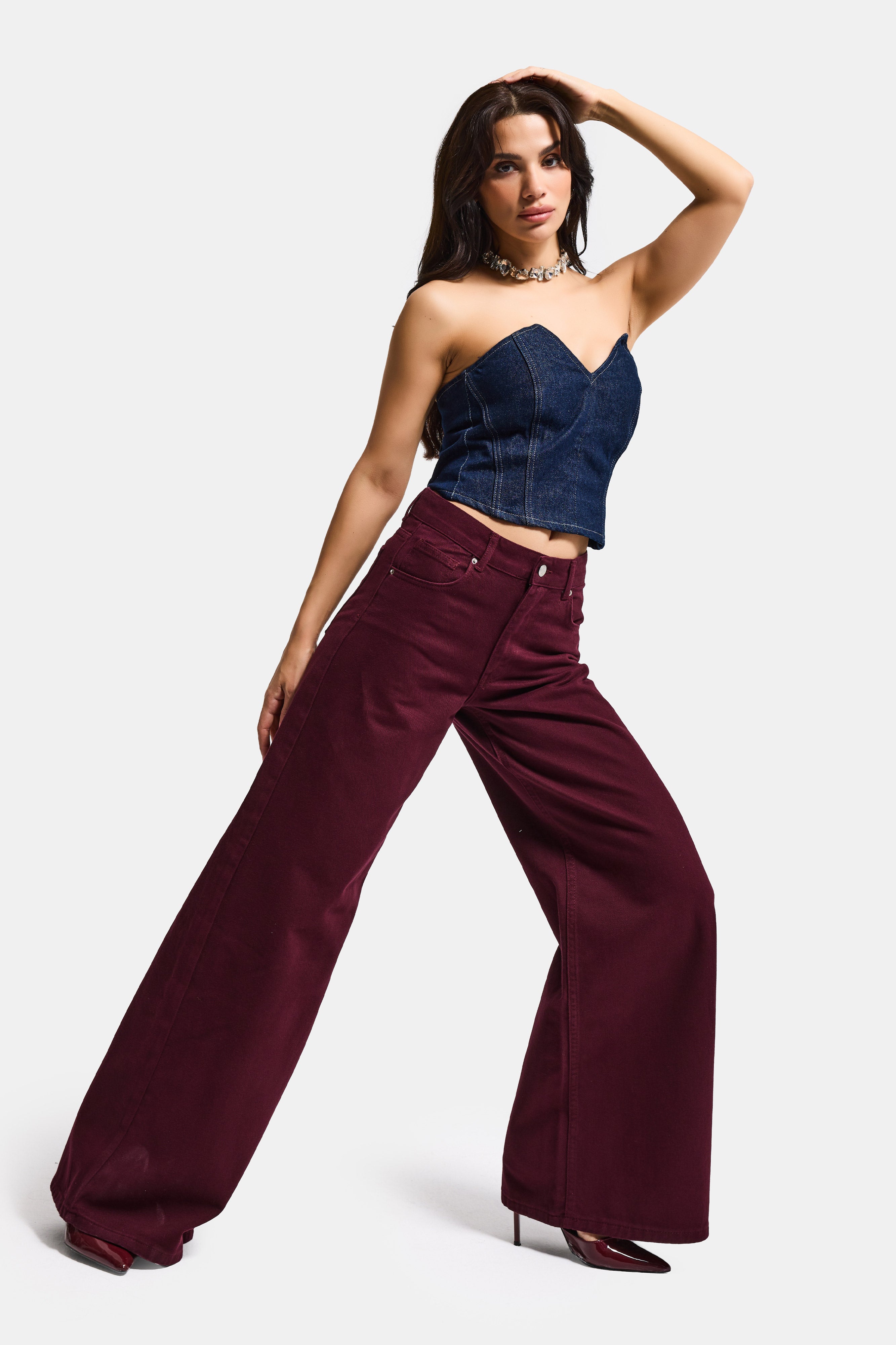 Kadın Bordo Renk Hera 7s6-35 Palazzo Fit %100 Koton Denim Jean