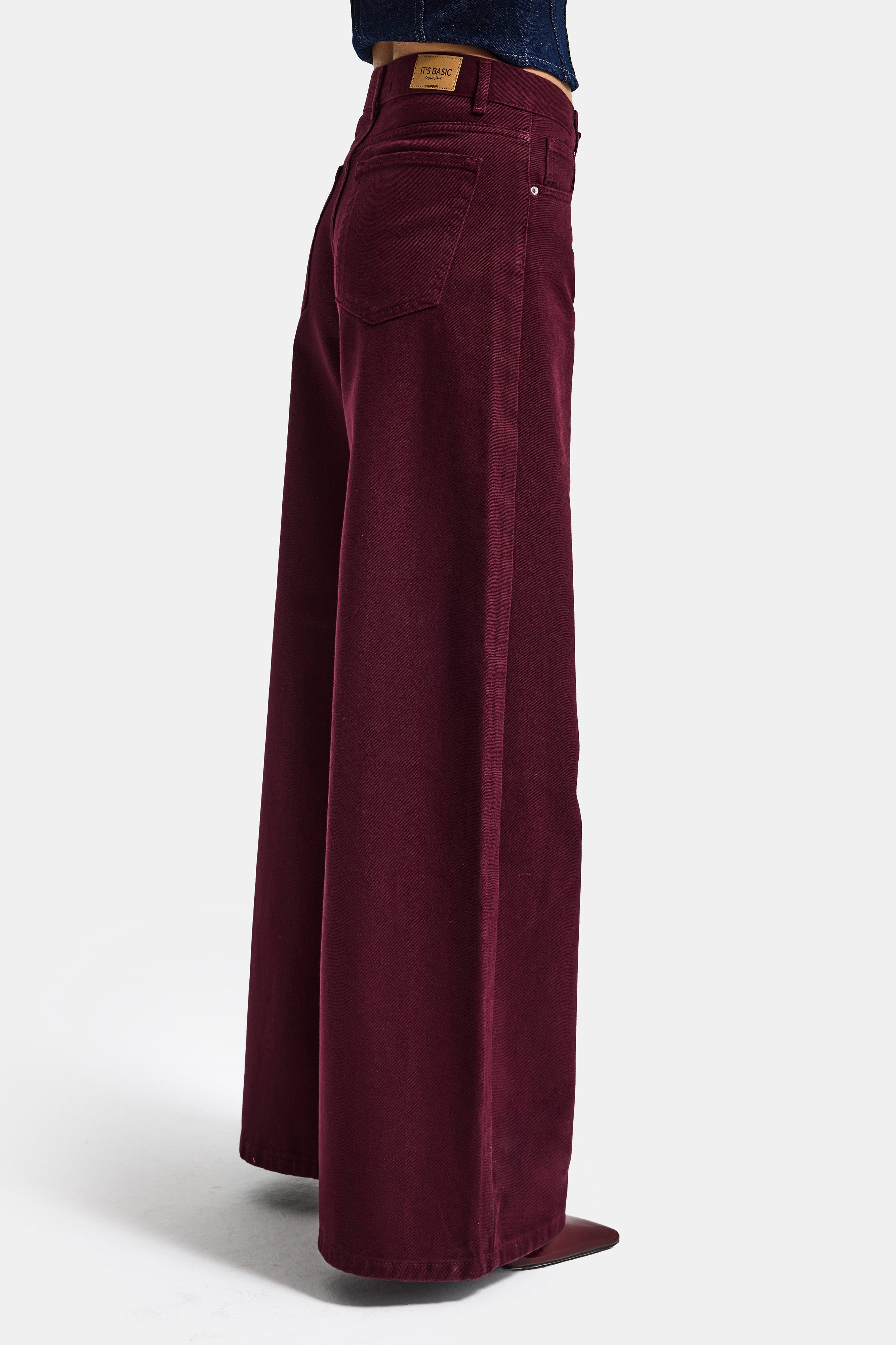 Kadın Bordo Renk Hera 7s6-35 Palazzo Fit %100 Koton Denim Jean