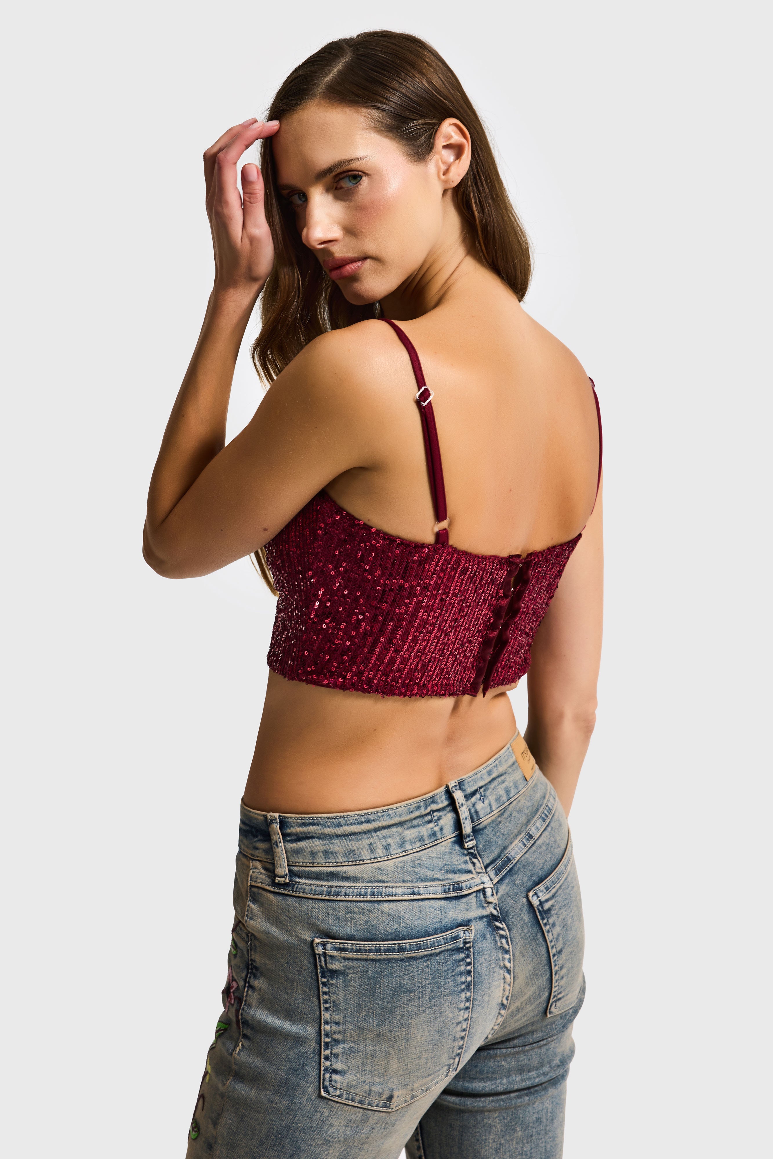 Kadın Bordo Renk Pul Payet Detaylı Askılı Büstiyer