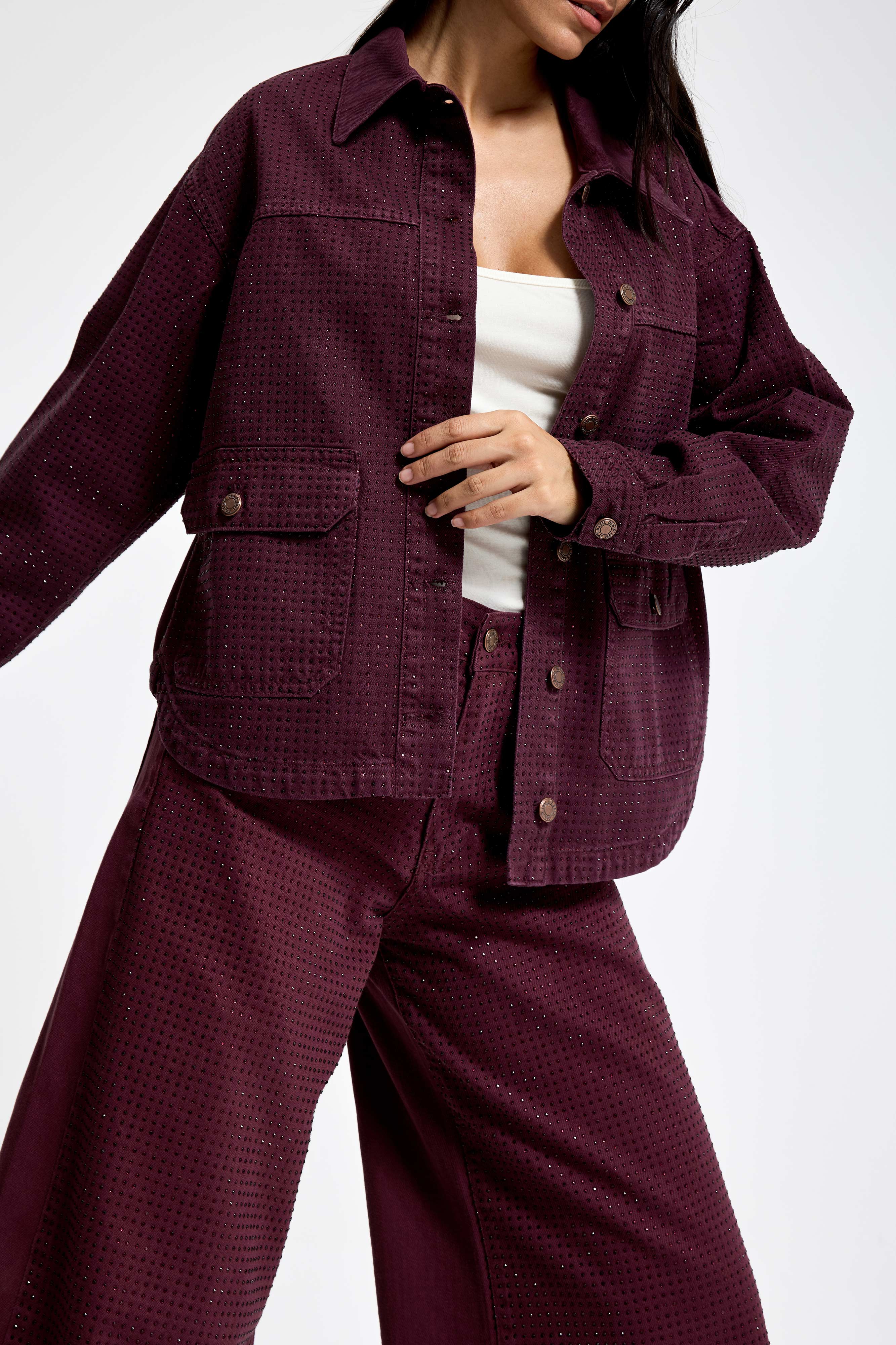 Kadın Bordo Renk T-6w5-122 Oversize Parlak Taşlı Özel Tasarım Denim Ceket