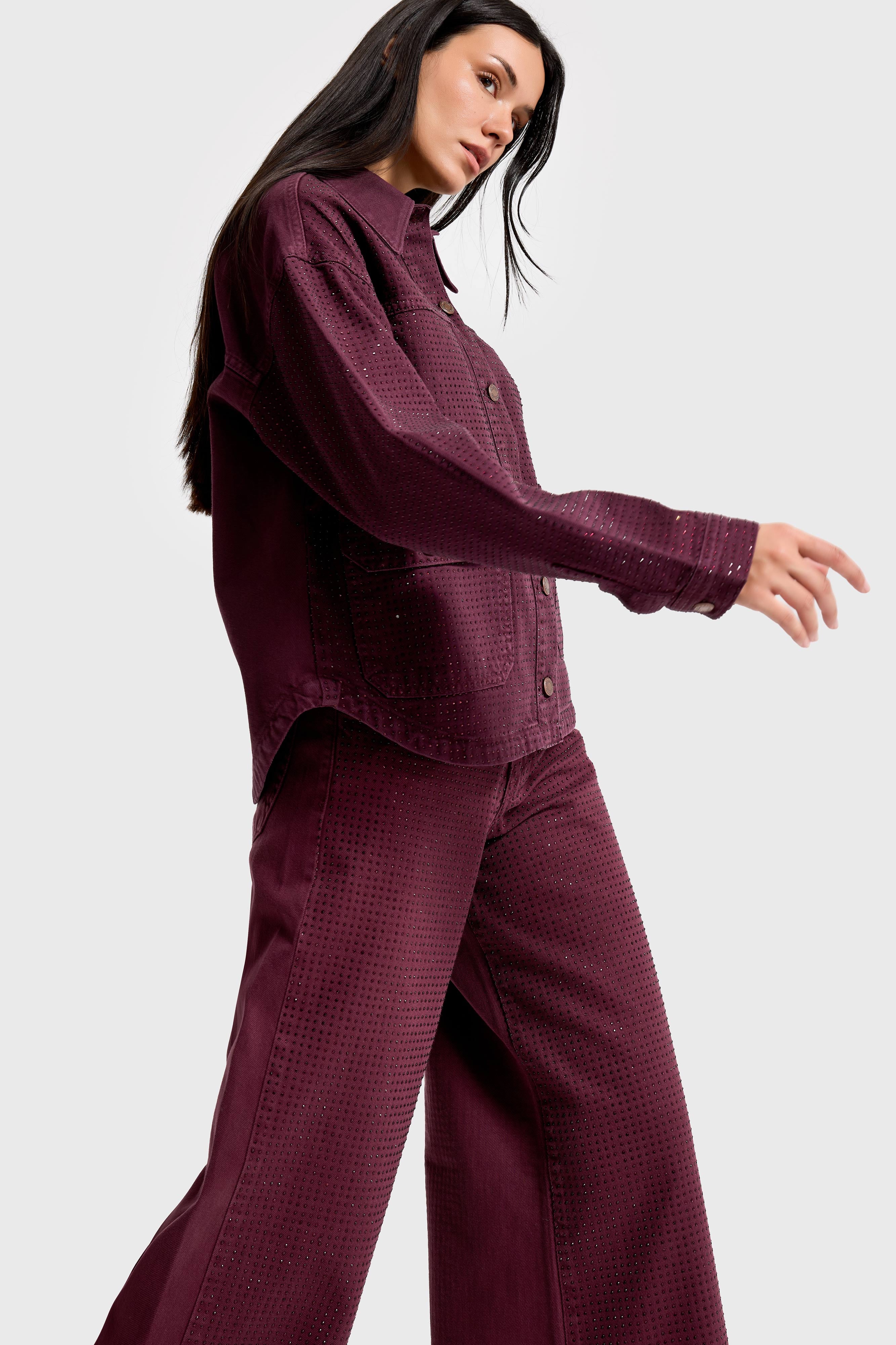 Kadın Bordo Renk T-6w5-122 Oversize Parlak Taşlı Özel Tasarım Denim Ceket