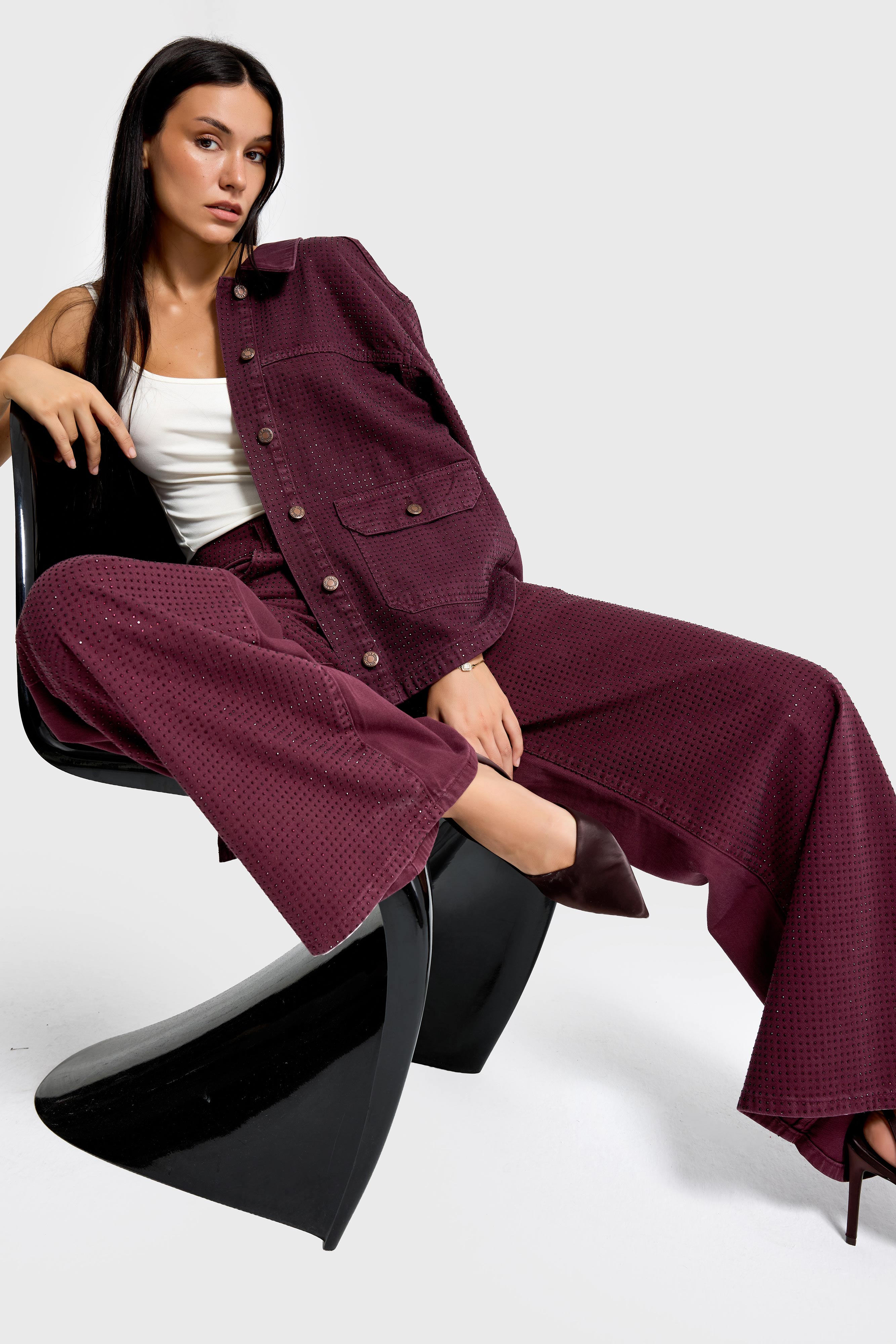 Kadın Bordo Renk T-6w5-122 Palazzo Fit Parlak Taşlı Özel Tasarım Denim Jean