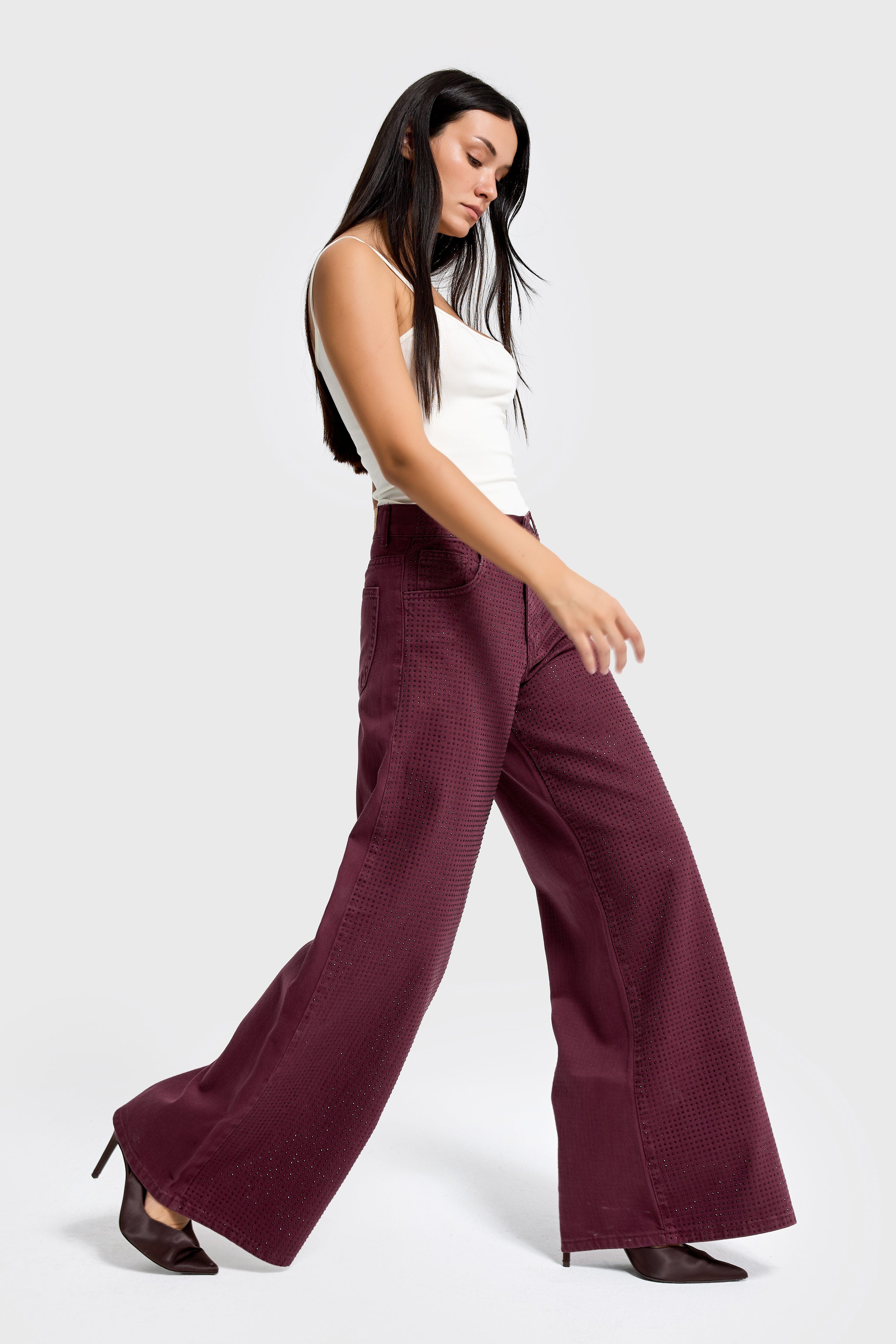 Kadın Bordo Renk T-6w5-122 Palazzo Fit Parlak Taşlı Özel Tasarım Denim Jean