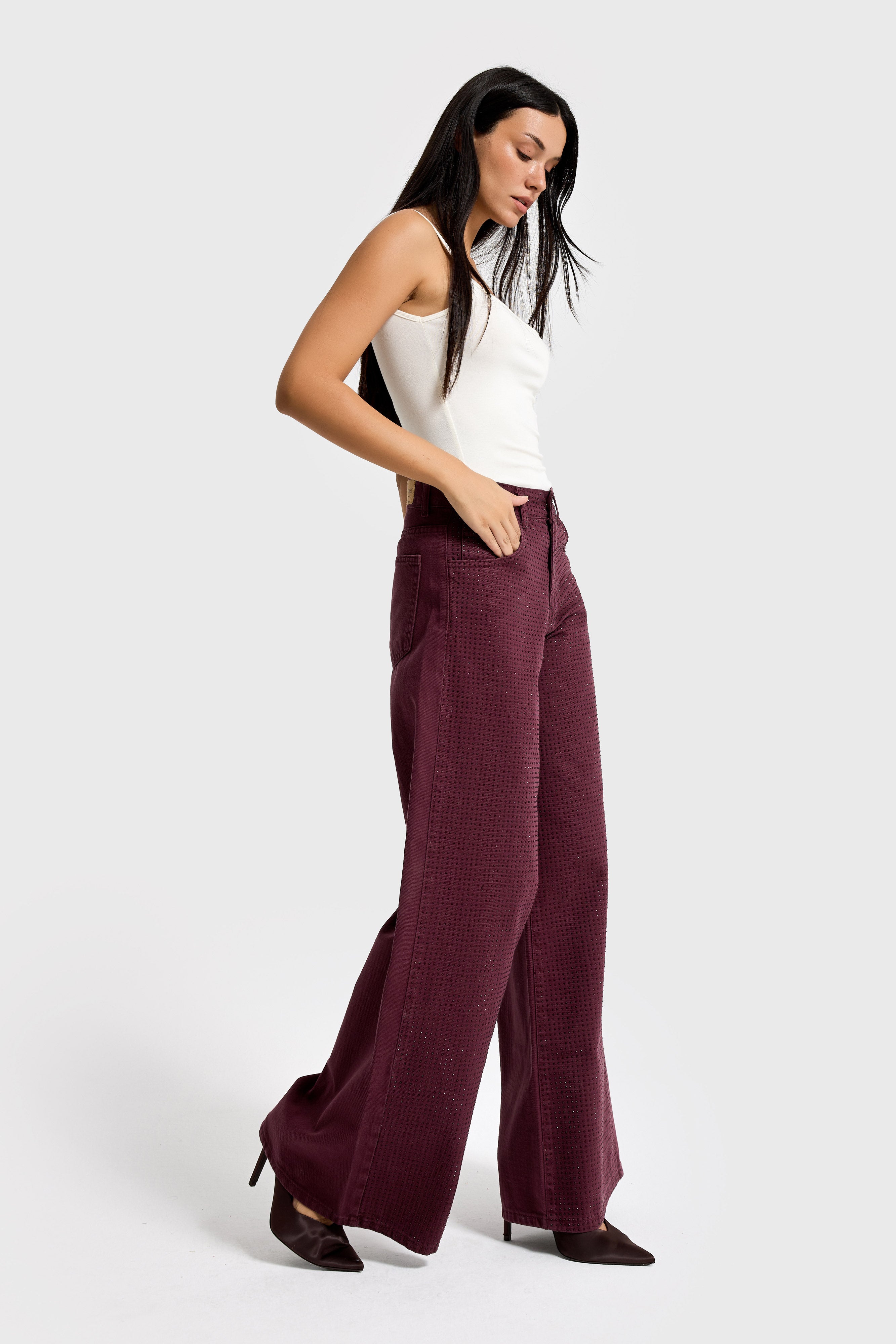 Kadın Bordo Renk T-6w5-122 Palazzo Fit Parlak Taşlı Özel Tasarım Denim Jean