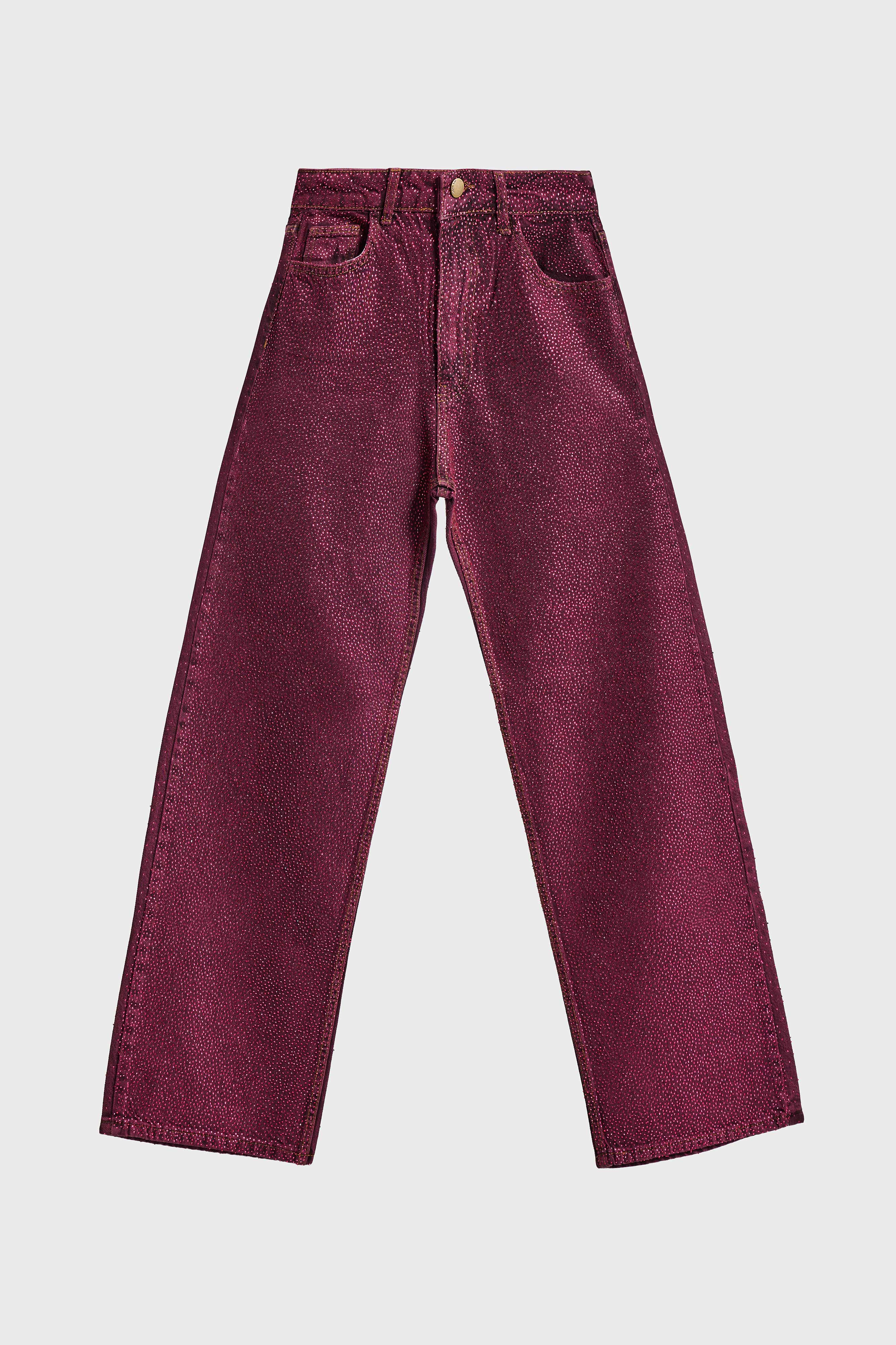 Kadın Bordo Renk T3-20w5-98 Straight Fit Yüksek Bel Ön ve Arka Parlak Taşlı Özel Tasarım Denim Jean