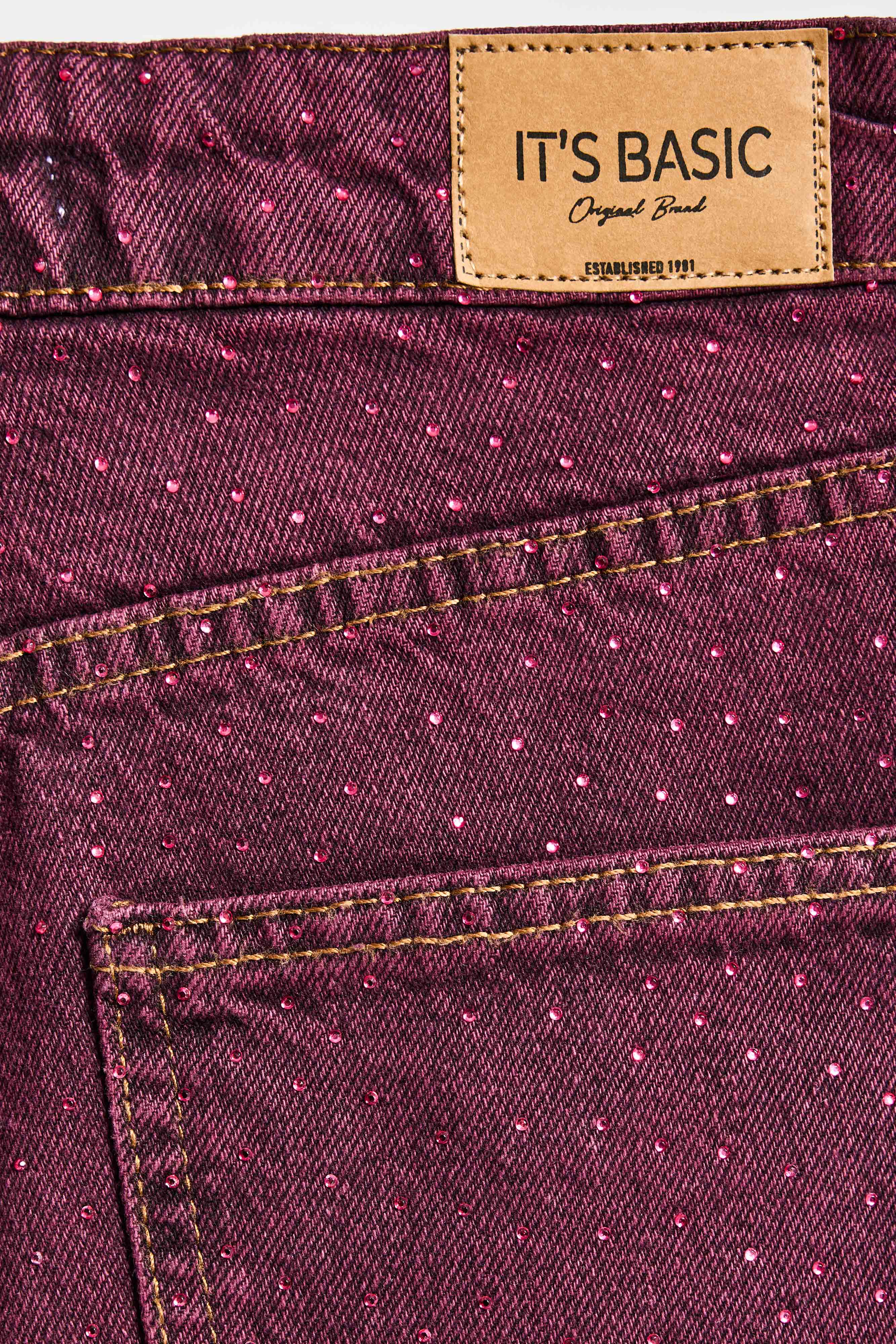 Kadın Bordo Renk T3-20w5-98 Straight Fit Yüksek Bel Ön ve Arka Parlak Taşlı Özel Tasarım Denim Jean