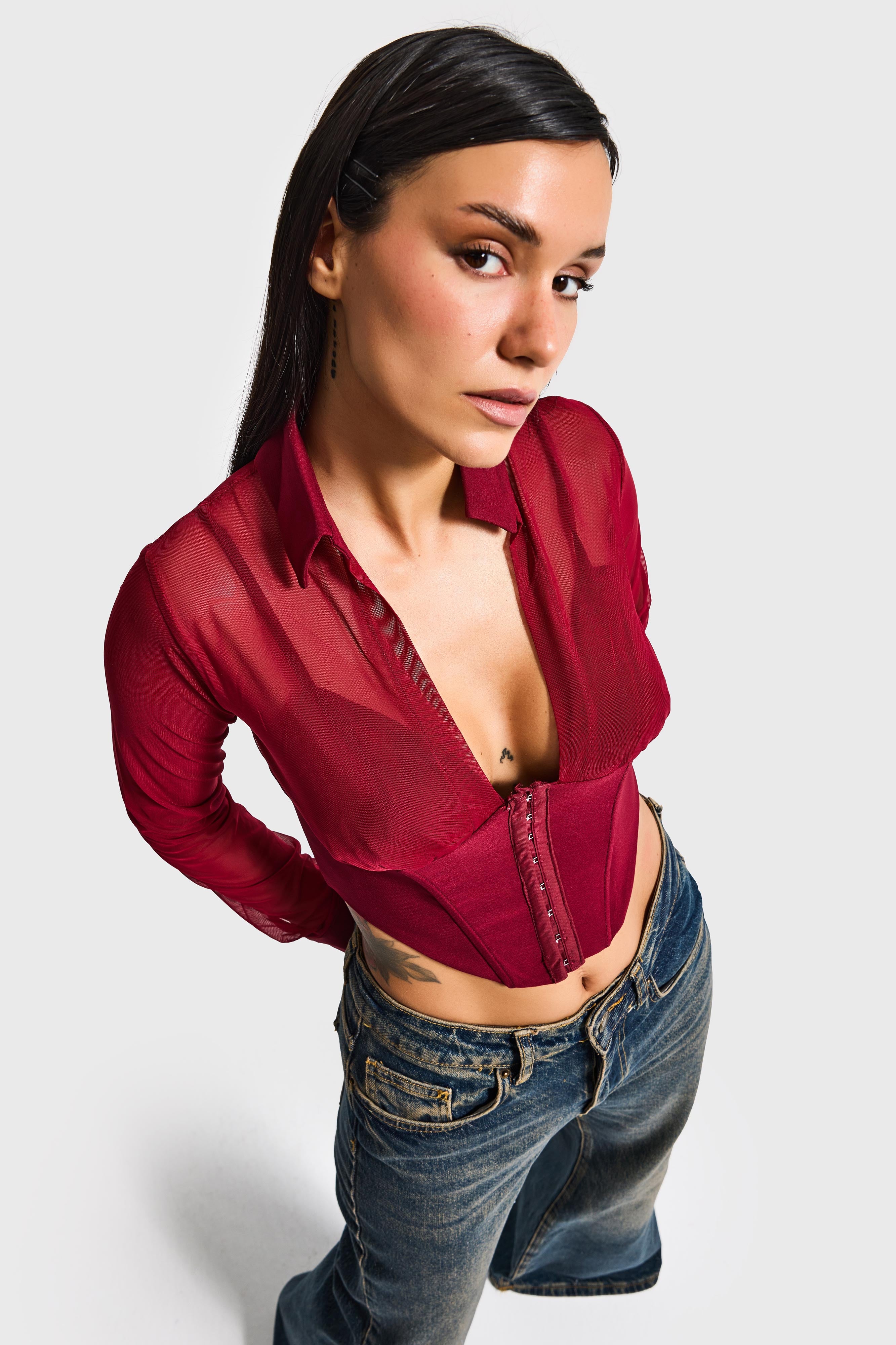Kadın Bordo Renk Tül Detaylı Belden Oturmalı Uzun Kol Özel Tasarım Crop Top