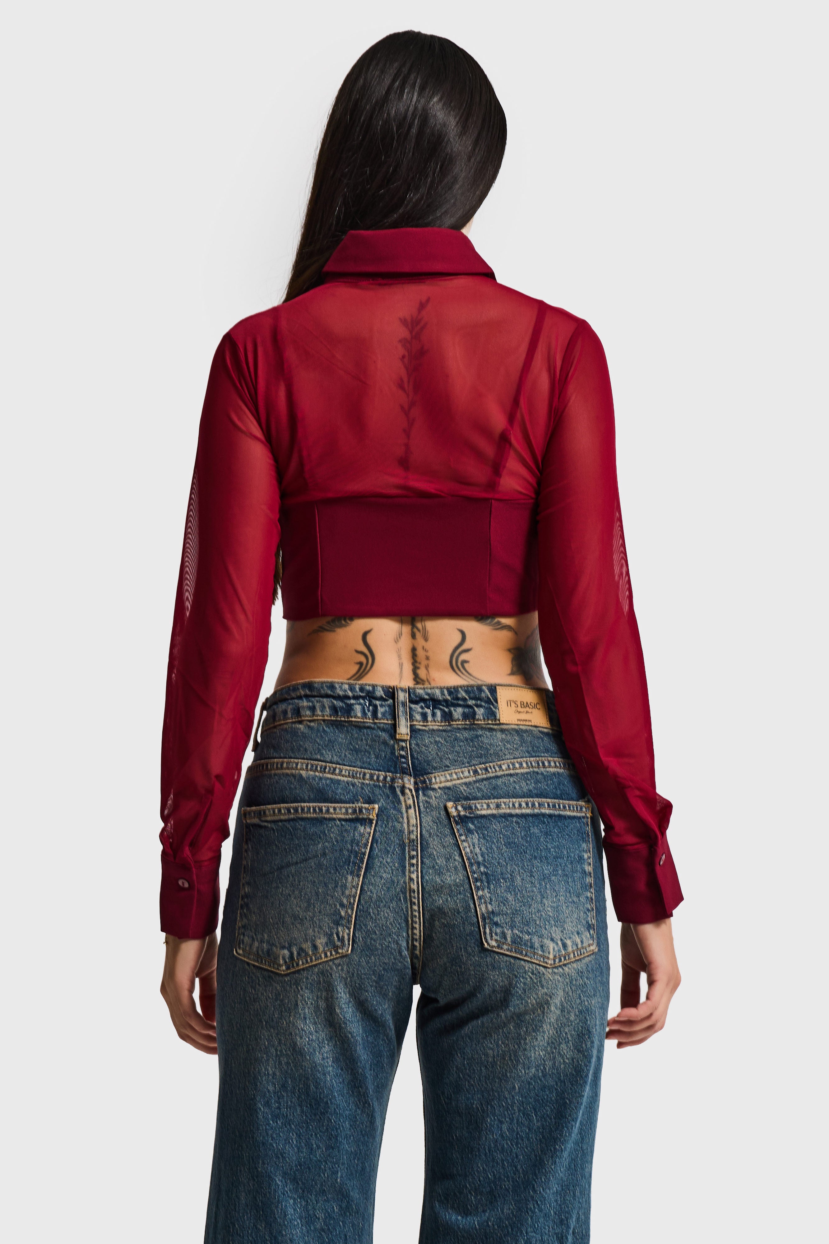 Kadın Bordo Renk Tül Detaylı Belden Oturmalı Uzun Kol Özel Tasarım Crop Top