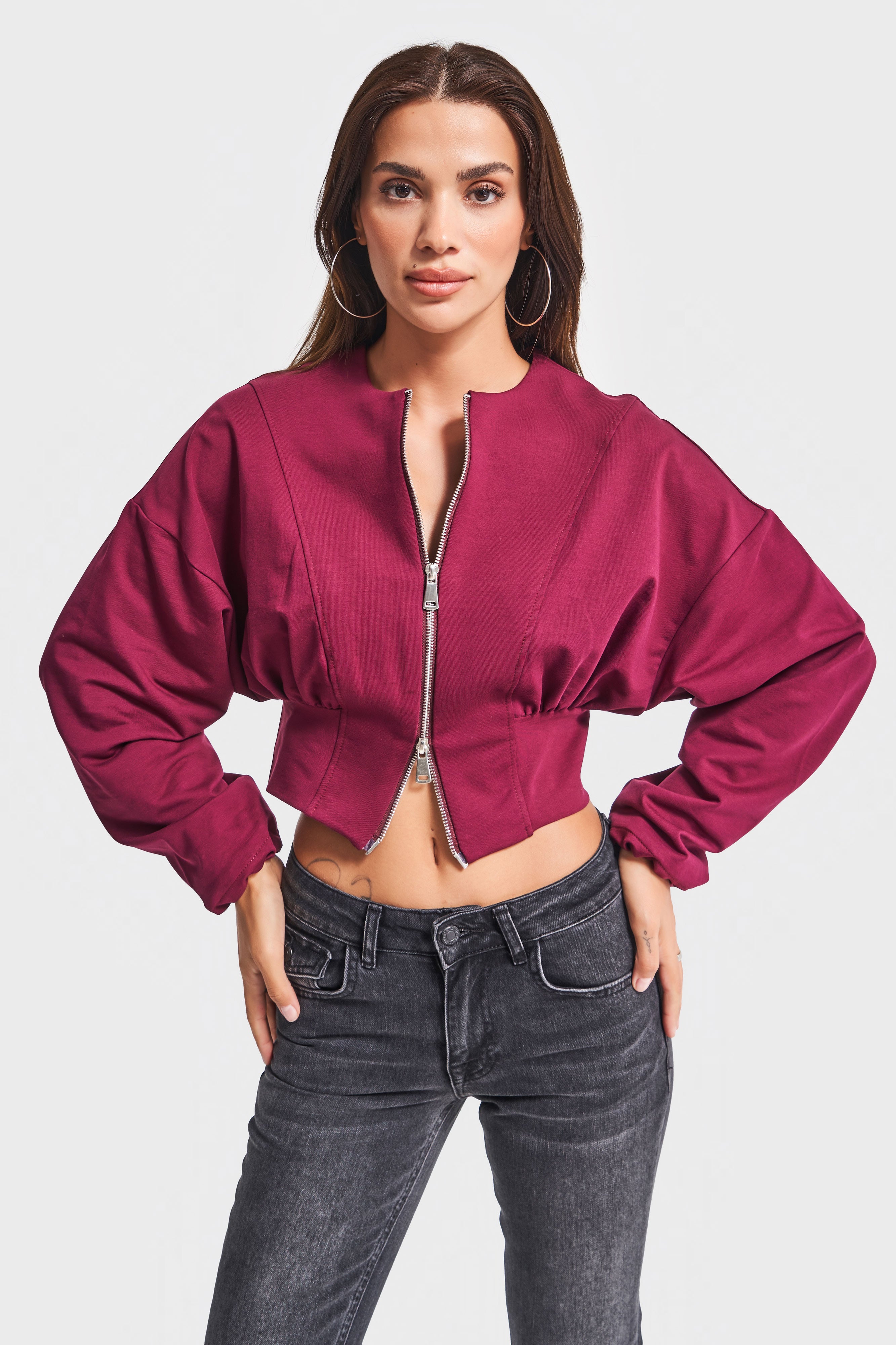 Kadın Bordo Renk w5-35 Bol Kesim Örme Esnek Kumaş Oversize Fermuarlı Sweatshirt