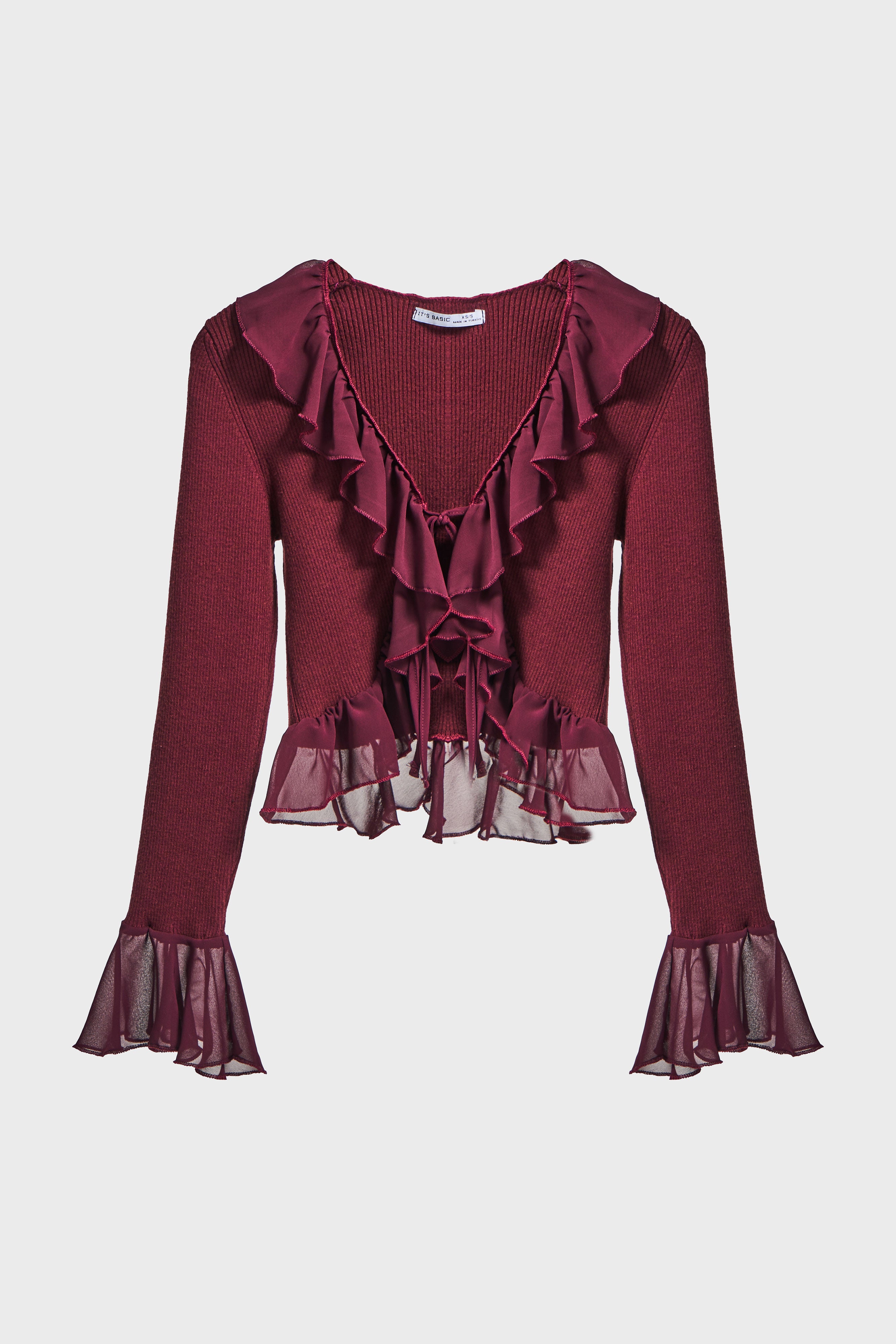 Kadın Bordo Renk w5-35 BT25 Triko Örme Kumaş Şifon Detaylı Volanlı Hırka Bluz