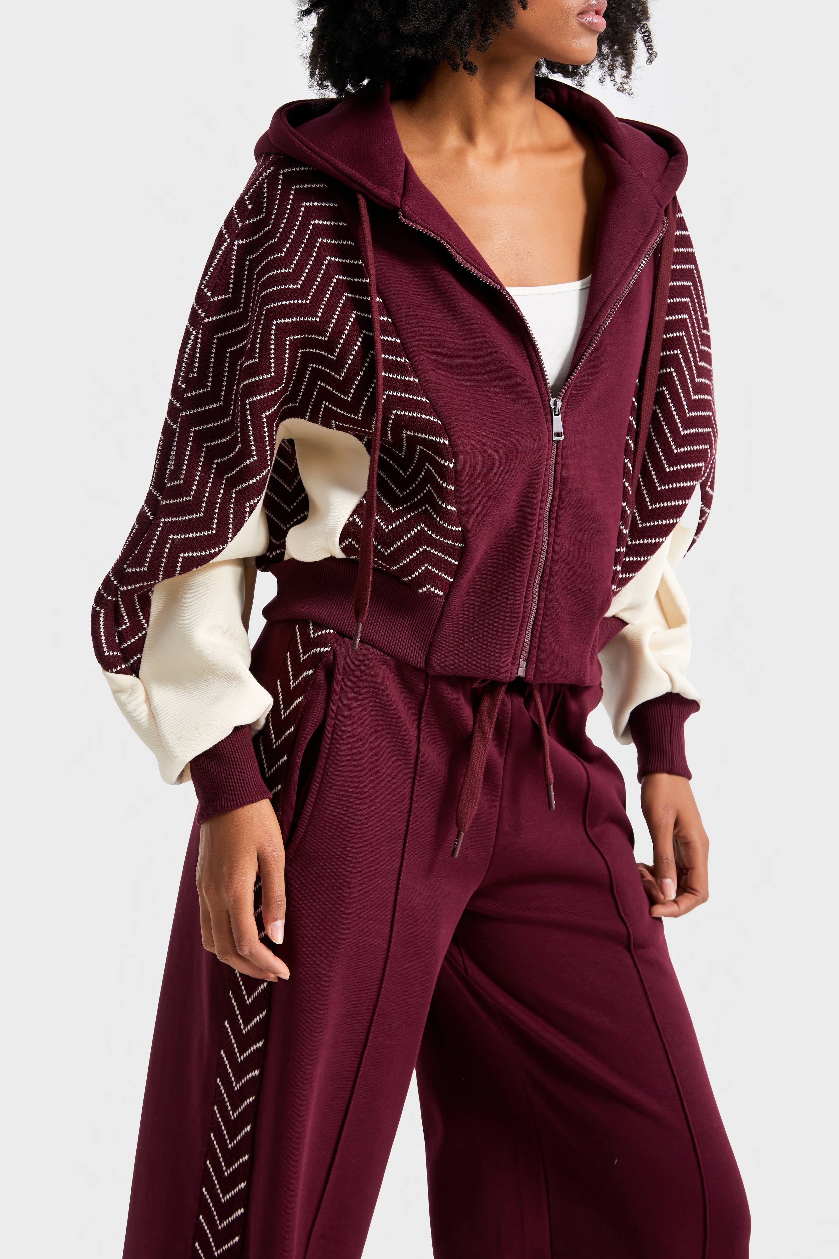 Kadın Bordo Renk w5-35 Kapişonlu Sweatshirt Polar Eşofman Alt 2'li Kombin Kumaş Tasarım Takım