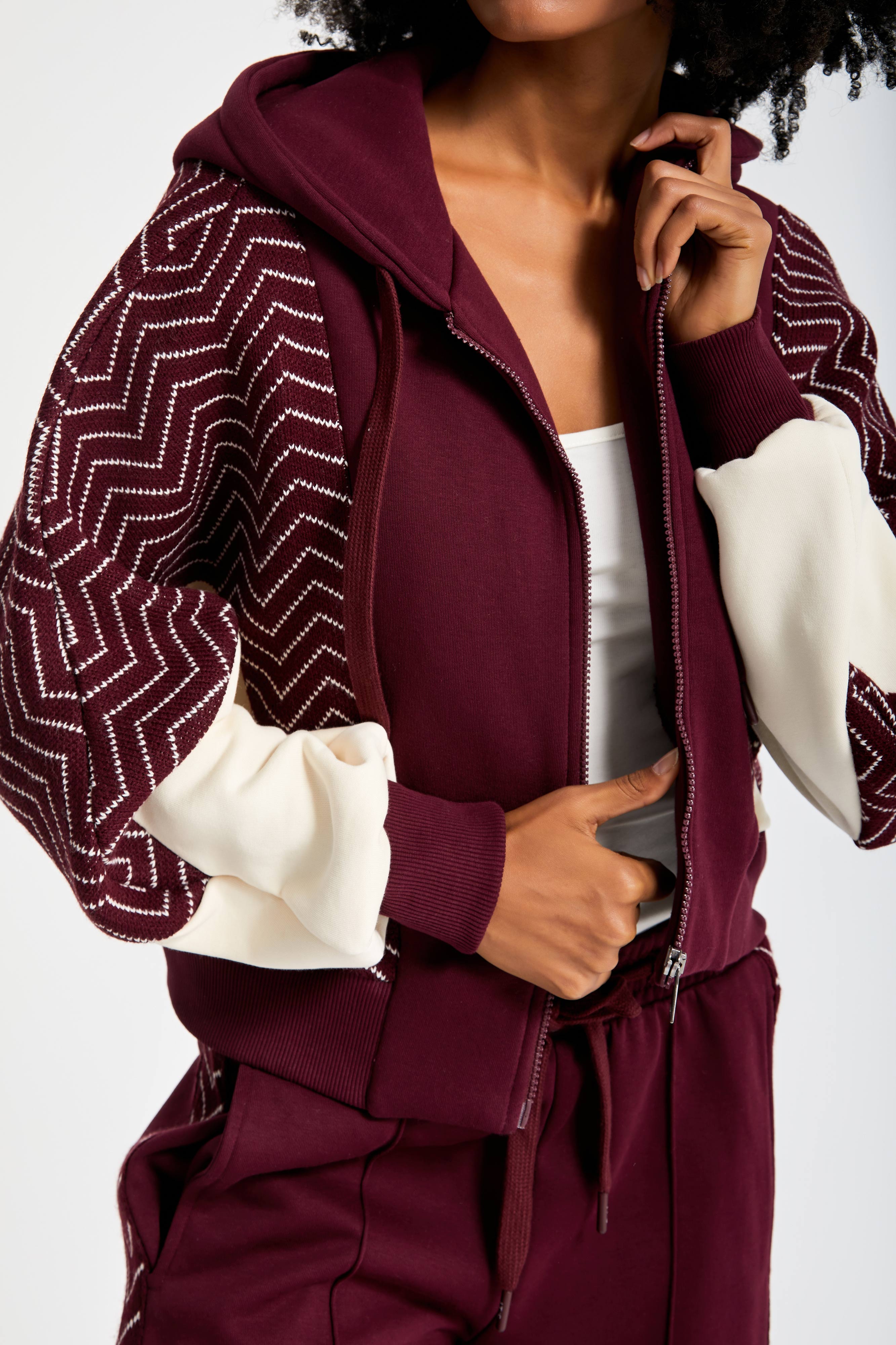Kadın Bordo Renk w5-35 Kapişonlu Sweatshirt Polar Eşofman Alt 2'li Kombin Kumaş Tasarım Takım