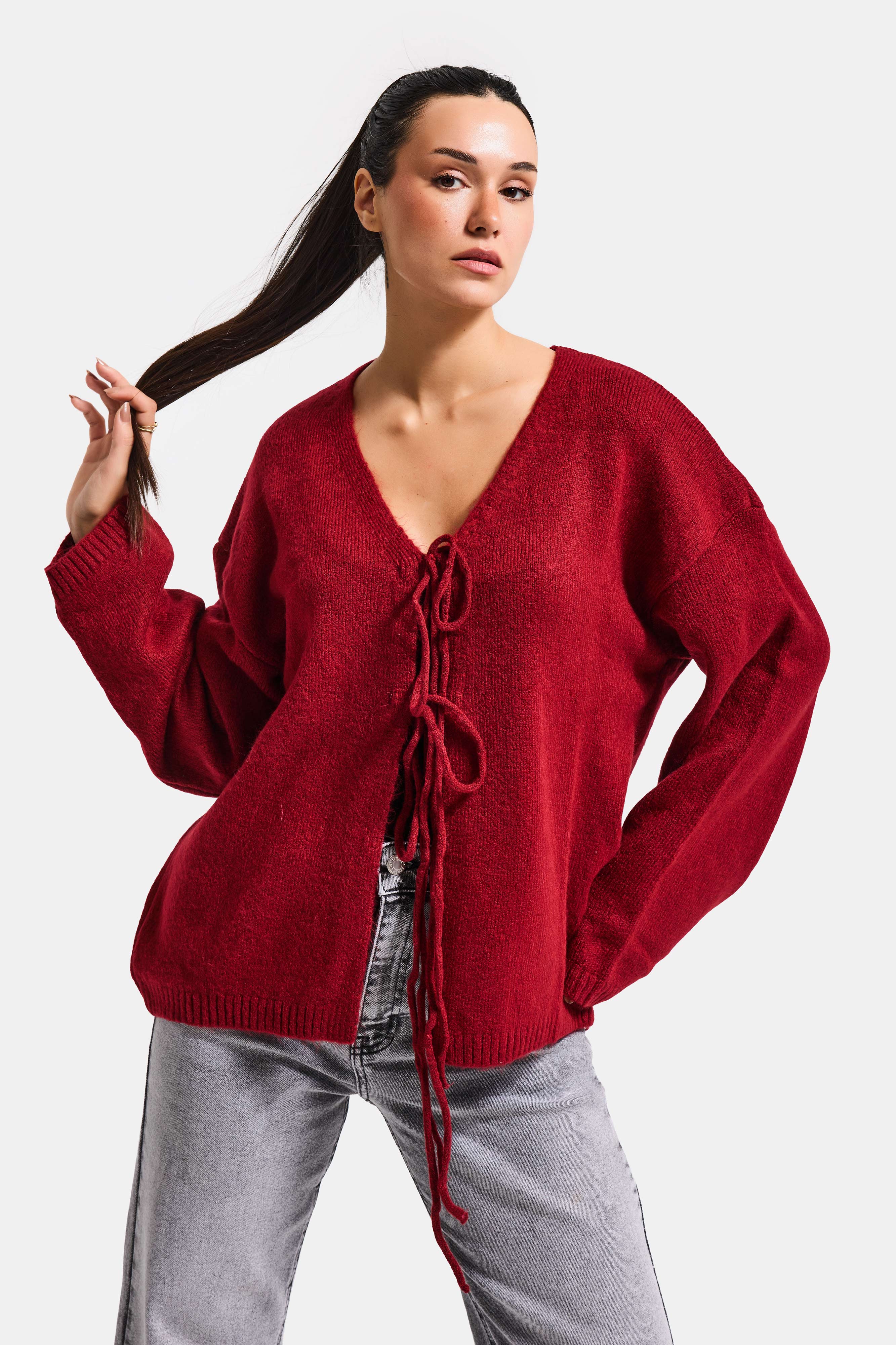 Kadın Bordo Renk w5-35 Önü Bağcıklı Oversize Triko Kazak