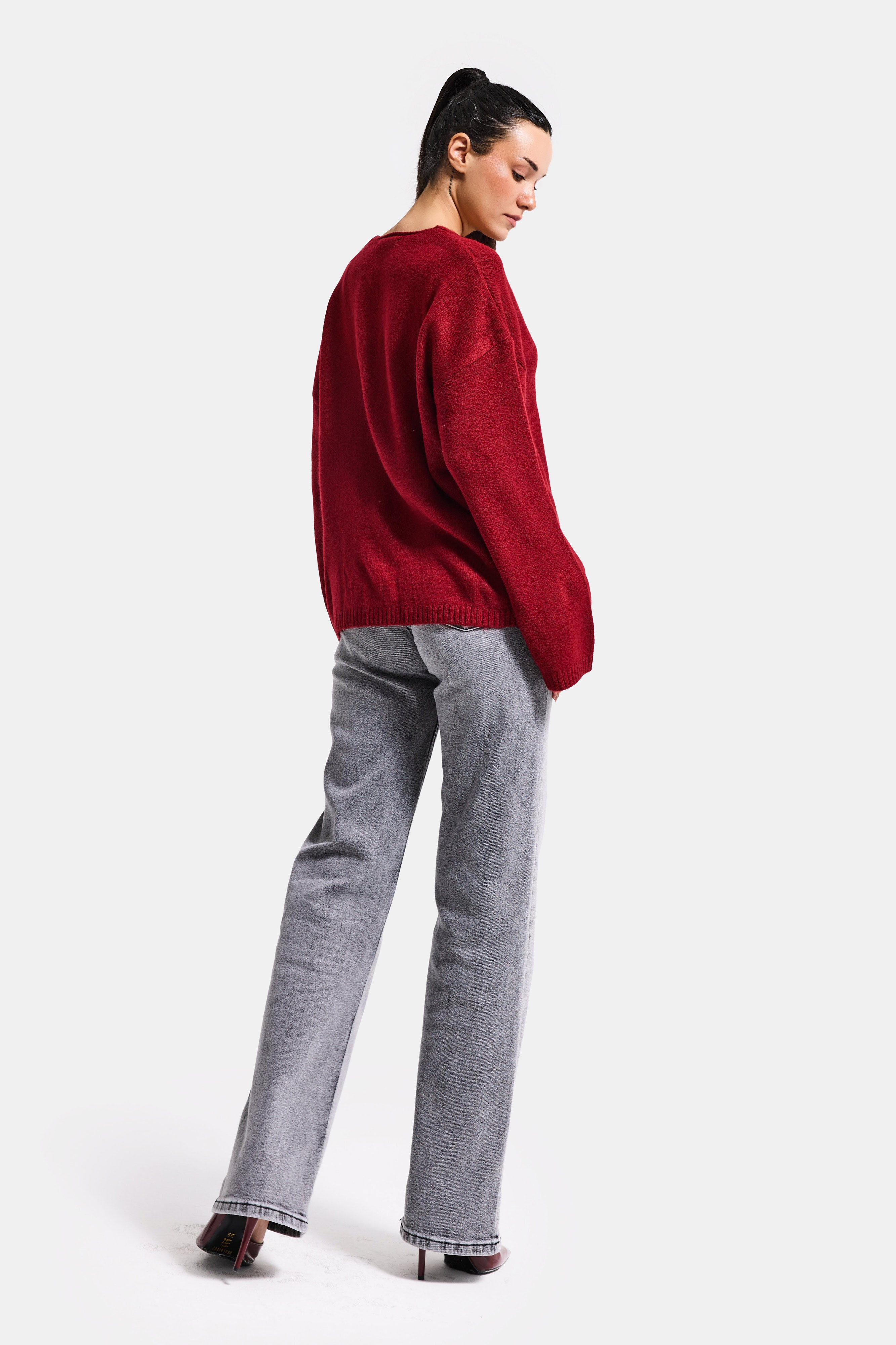 Kadın Bordo Renk w5-35 Önü Bağcıklı Oversize Triko Kazak