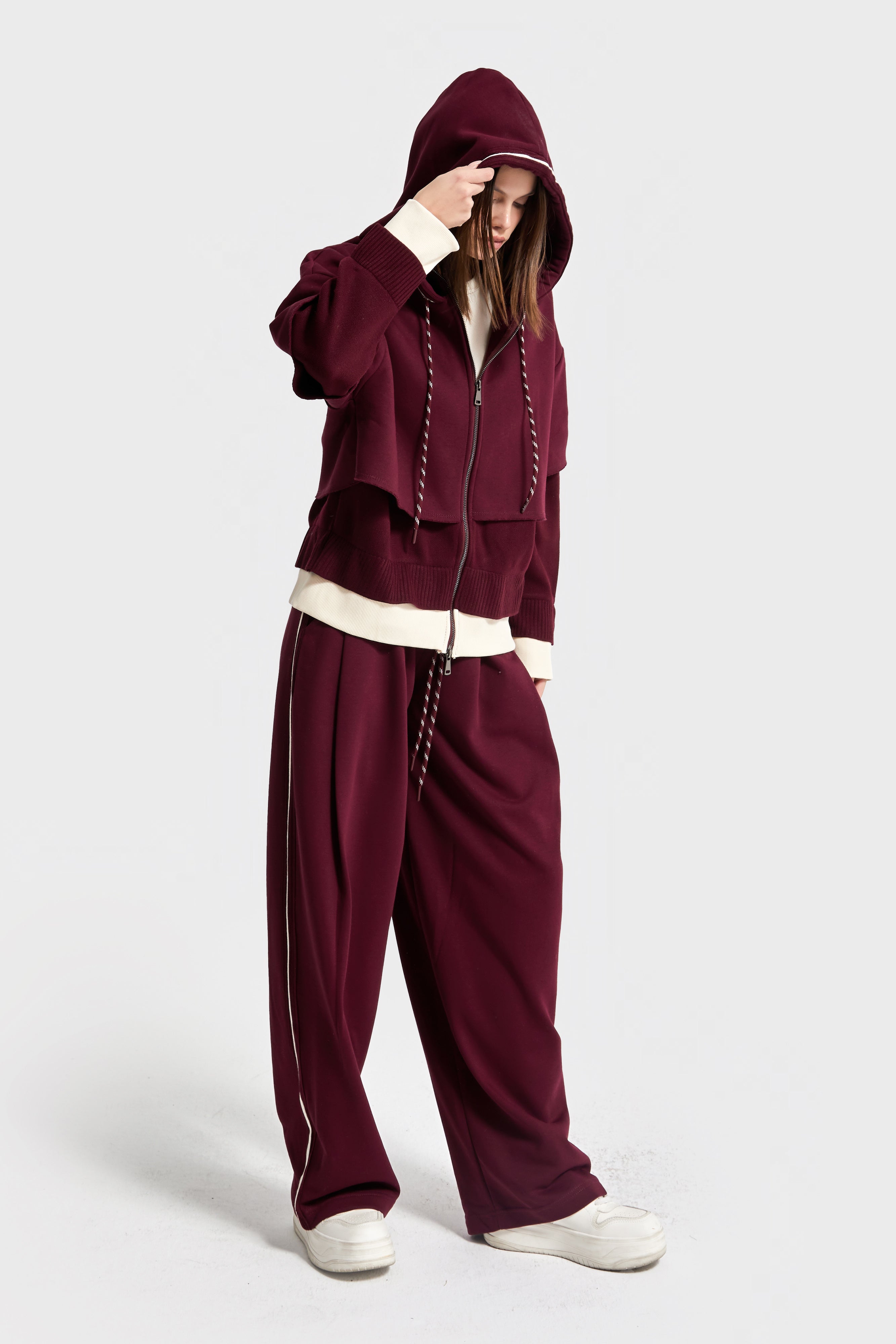 Kadın Bordo Renk w5-35 Örme Kumaş Polar ve Eşofman Alt Üst 2'li Tasarım Takım