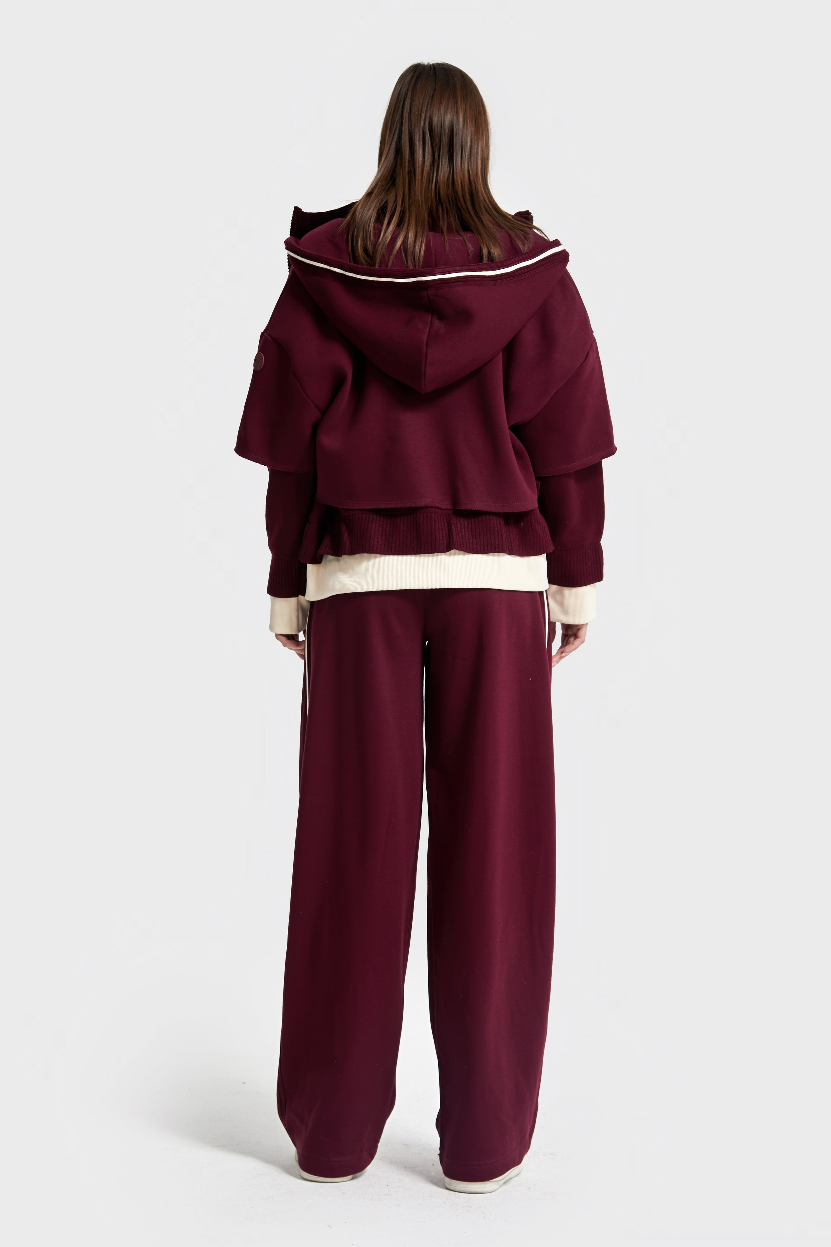 Kadın Bordo Renk w5-35 Örme Kumaş Polar ve Eşofman Alt Üst 2'li Tasarım Takım