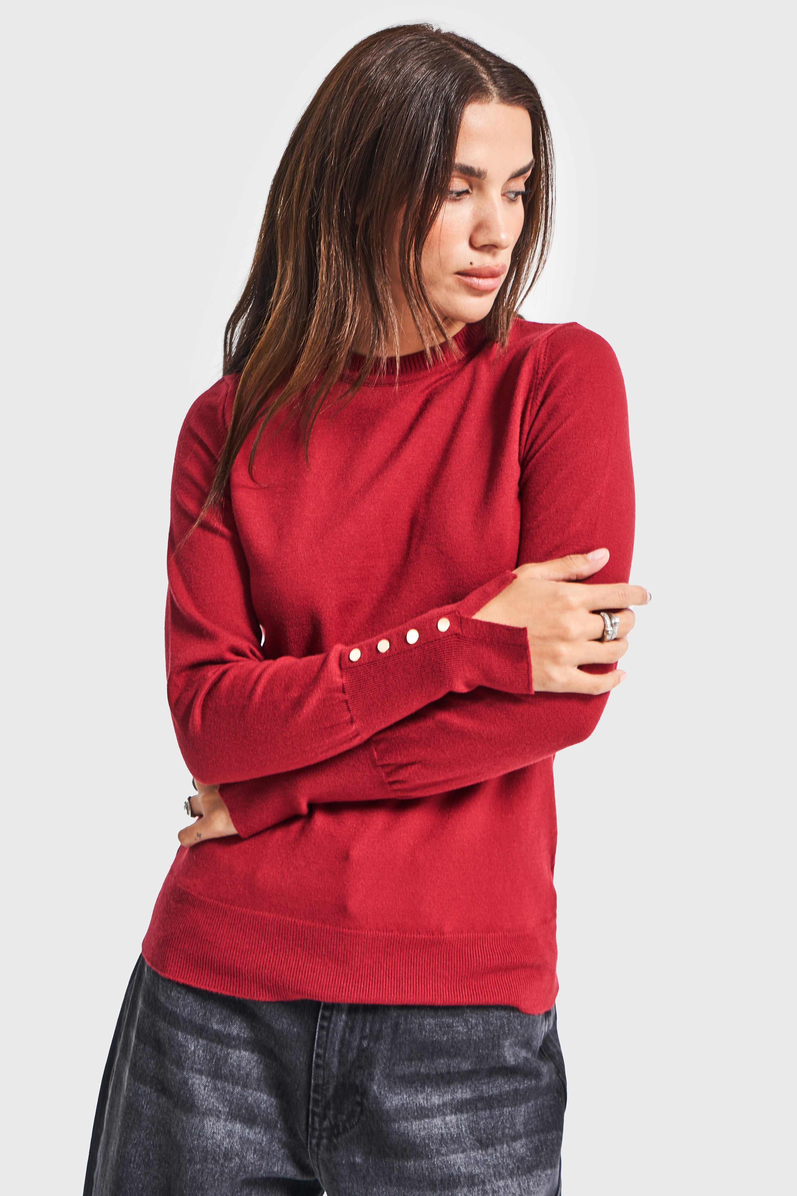 Kadın Bordo Renk w5-35 Örme Triko Kumaş Bisiklet Yaka Kol Aksesuarlı Triko