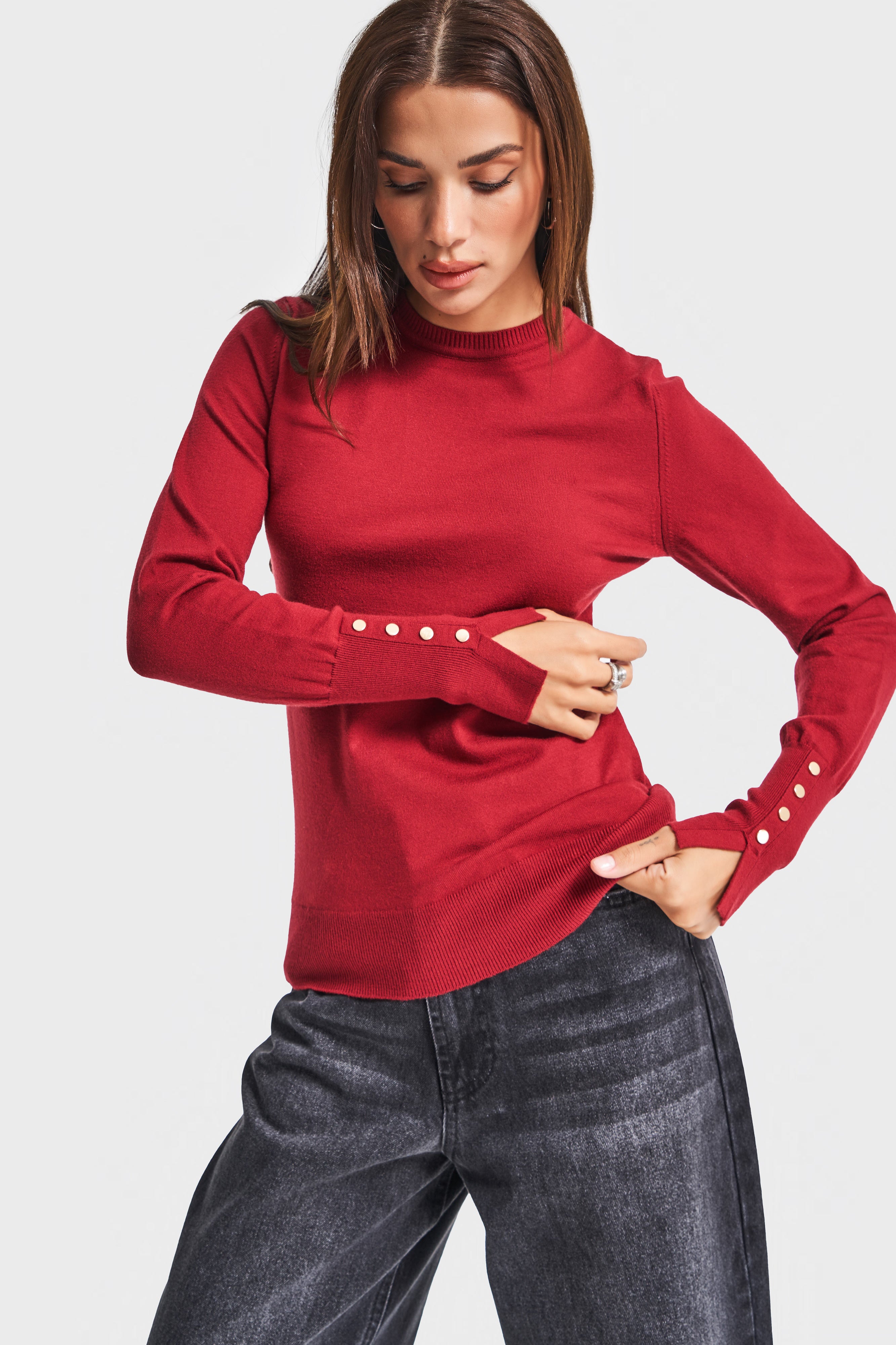 Kadın Bordo Renk w5-35 Örme Triko Kumaş Bisiklet Yaka Kol Aksesuarlı Triko