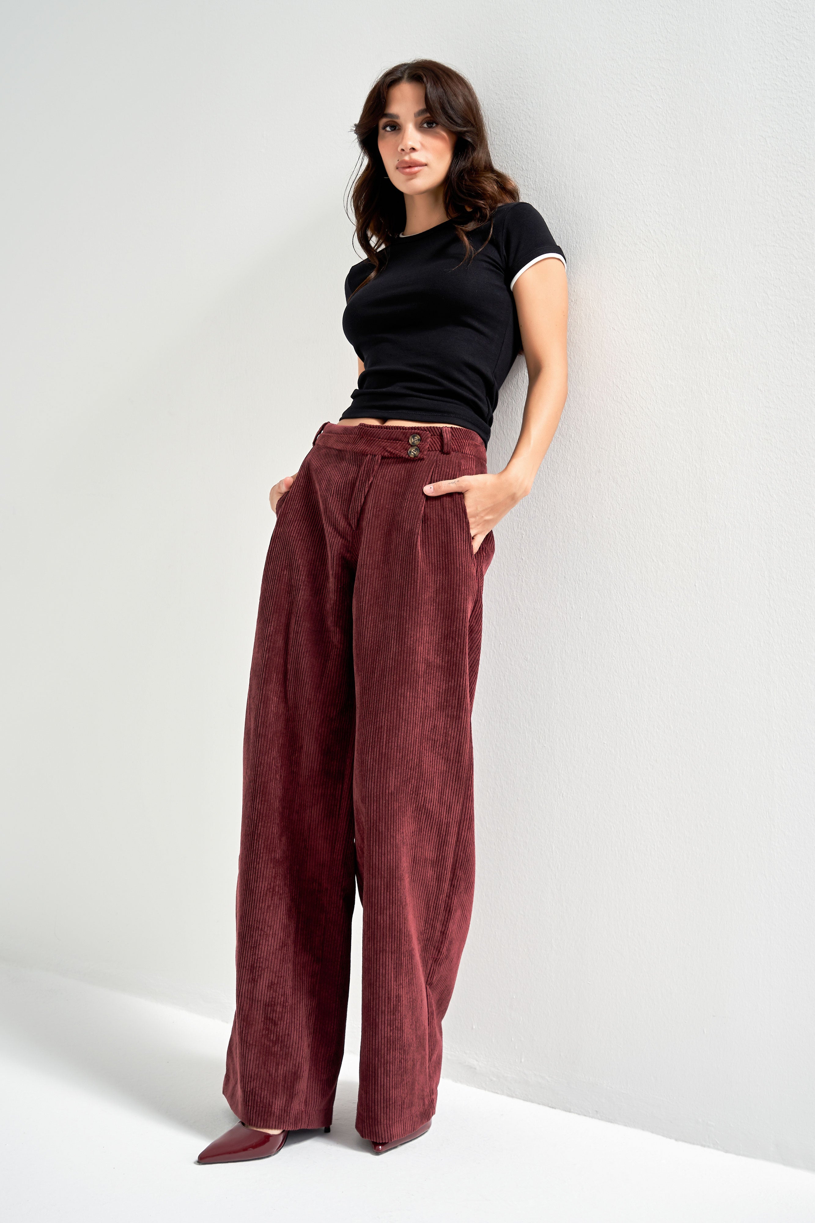 Kadın Bordo Renk w5-35 Palazzo Fit Kemer Detaylı Kalın Fitilli Velvet Kadife Kumaş Pantolon