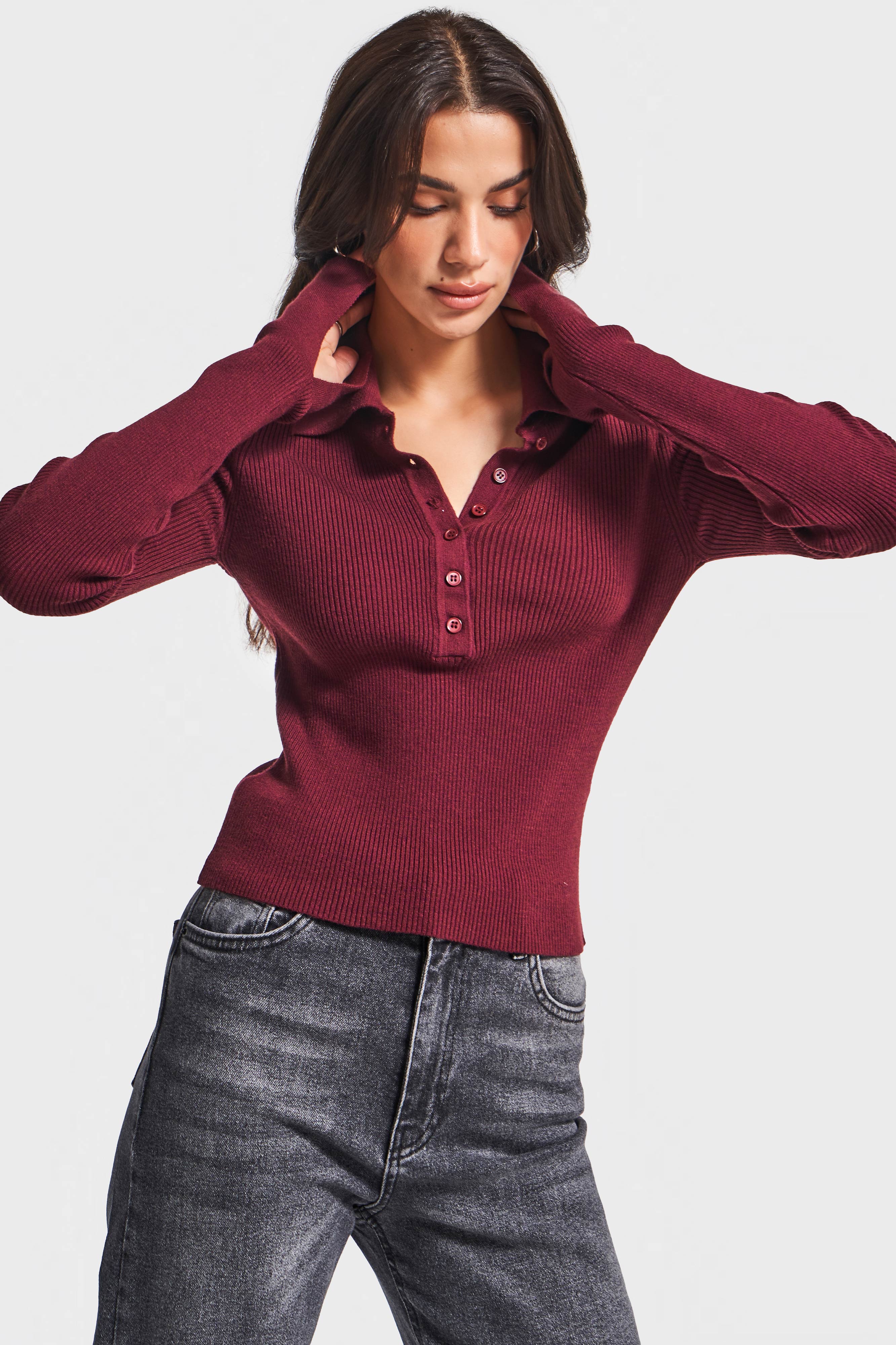 Kadın Bordo Renk w5-35 Polo Yaka Viskon Esnek Kumaş Triko