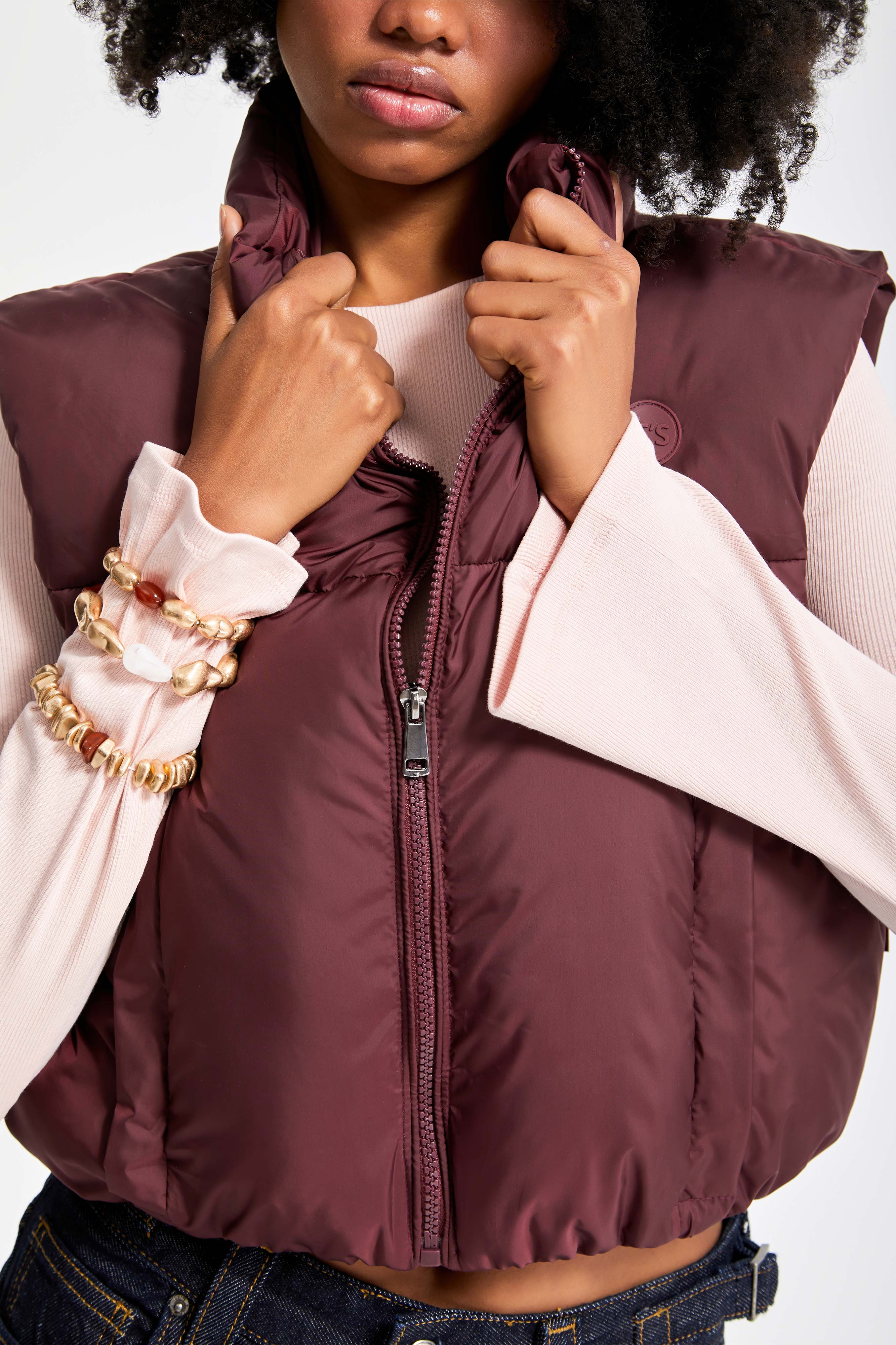 Women's Burgundy W5-35 Padded Sleeveless Side Pocket Crop Puffer Vest