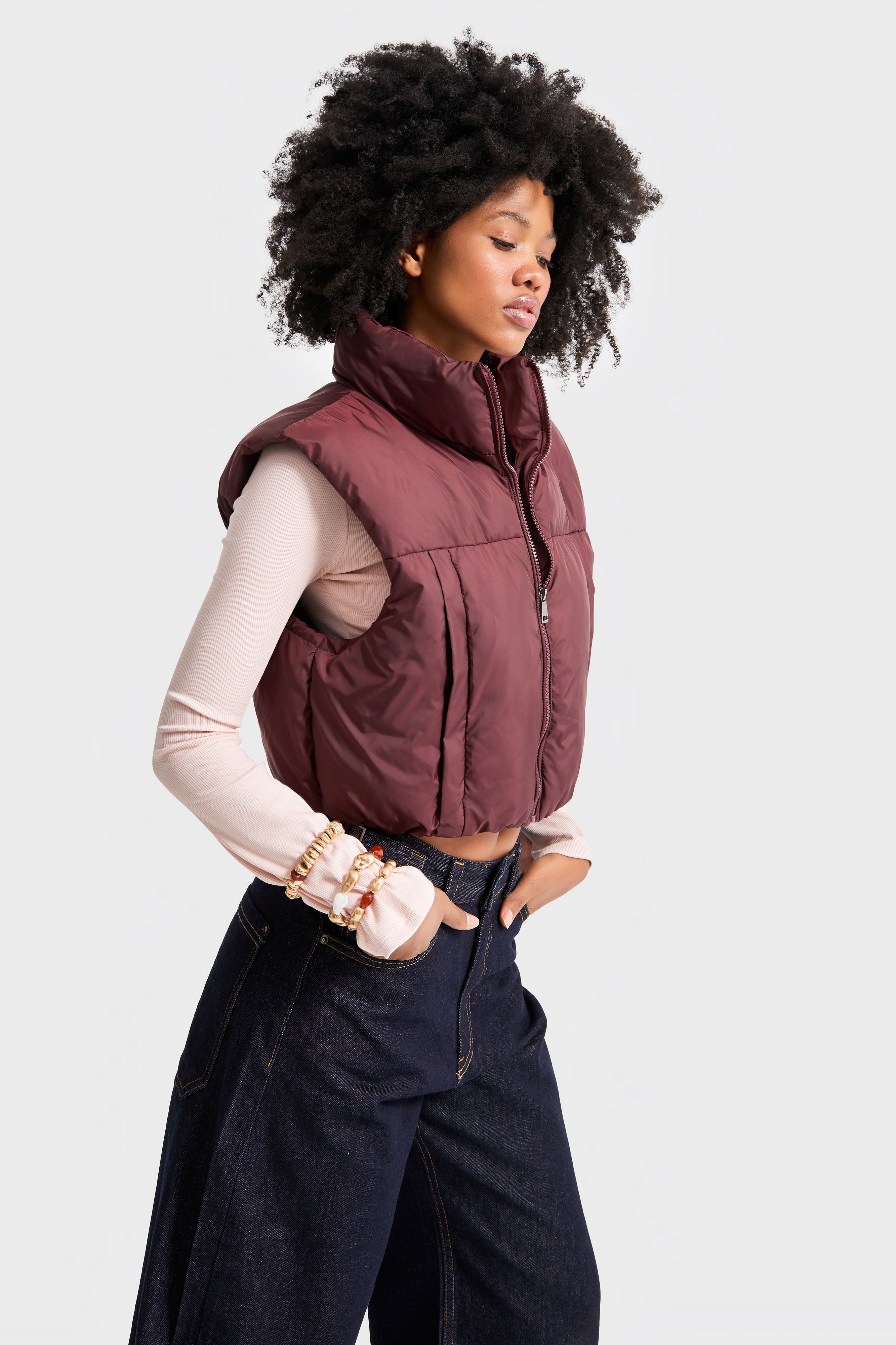 Women's Burgundy W5-35 Padded Sleeveless Side Pocket Crop Puffer Vest