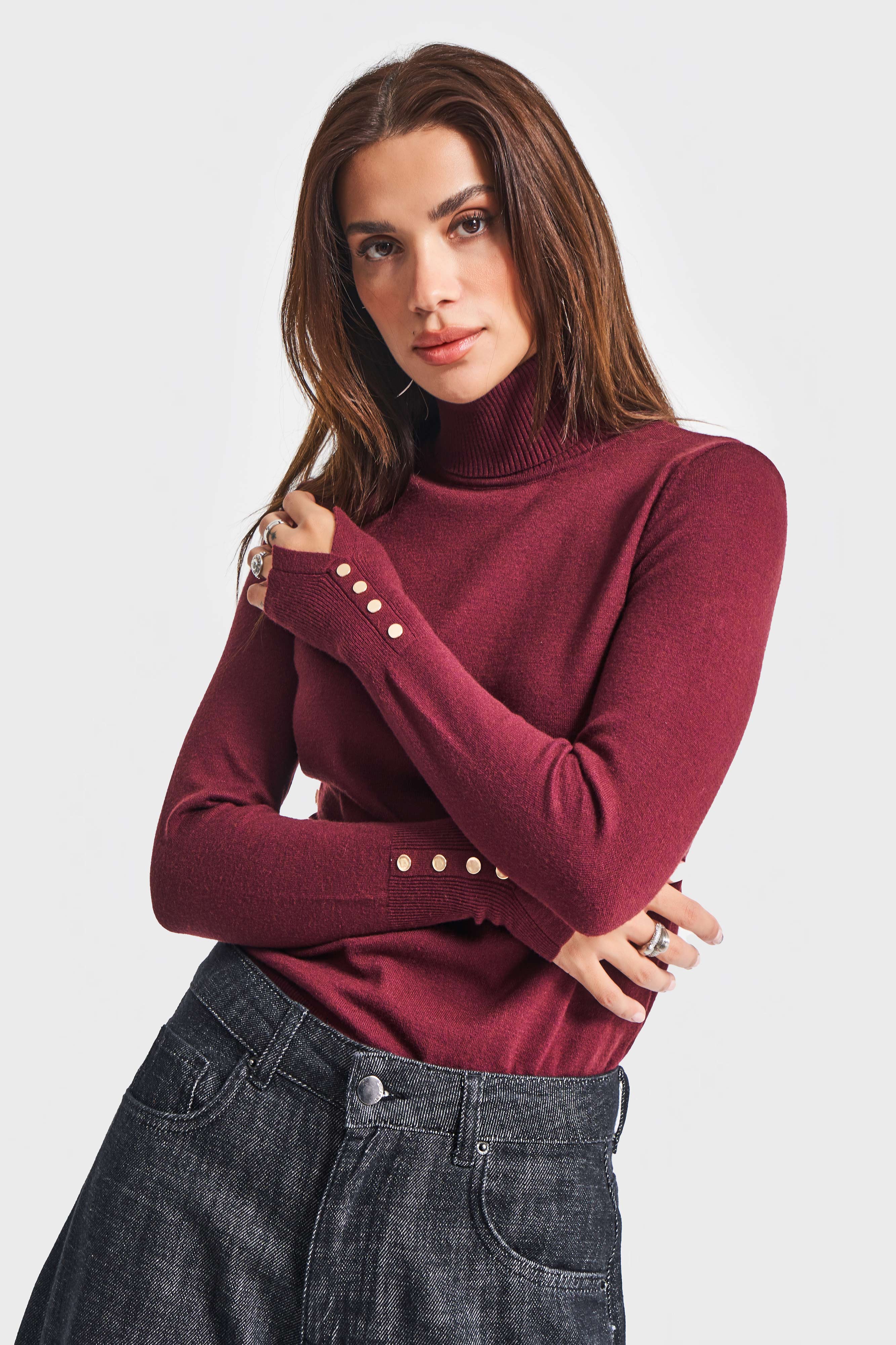 Kadın Bordo Renk w5-35 Yumuşak İnce Triko Kumaş Balıkçı Yaka Triko Kazak