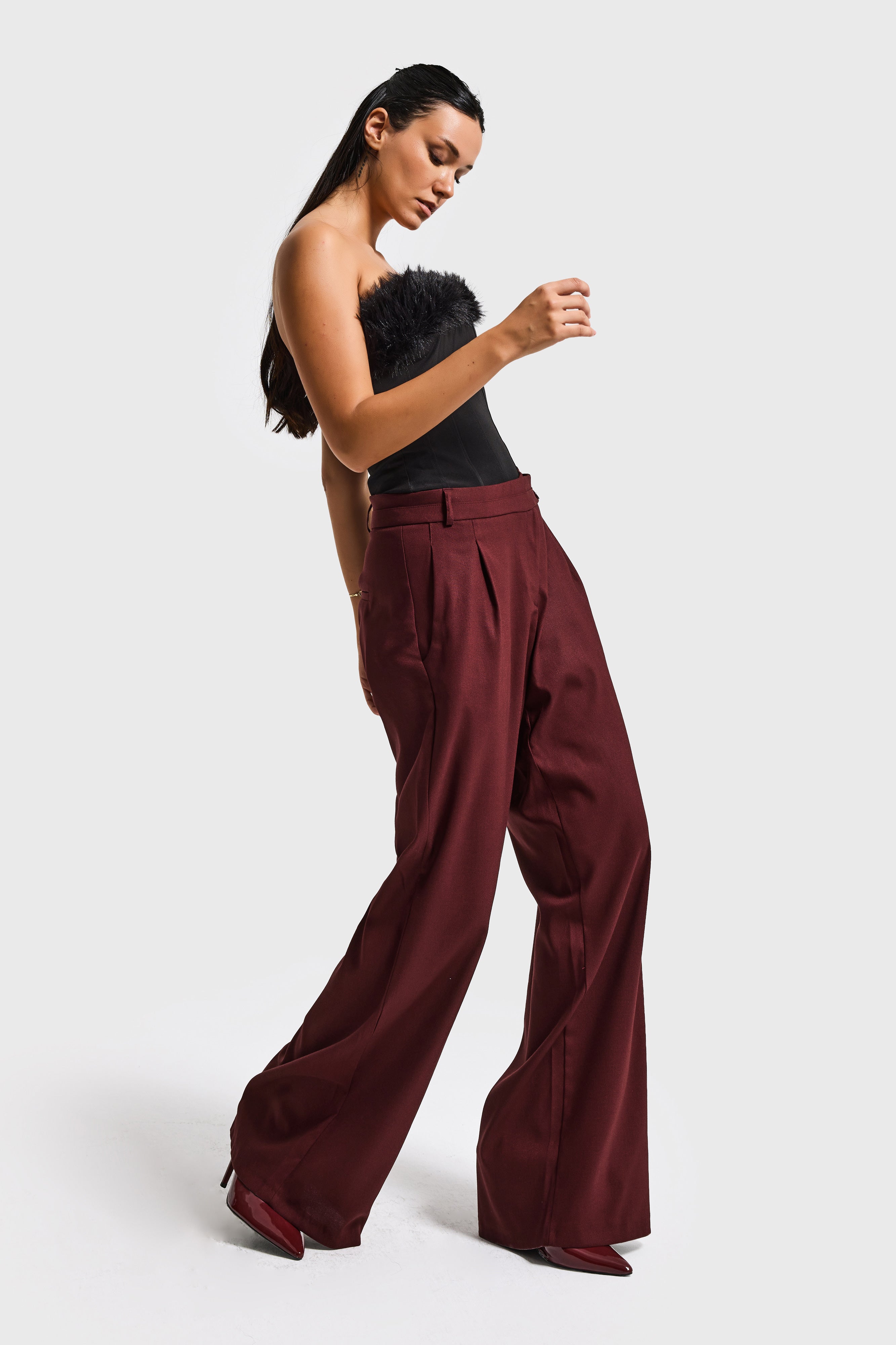 Kadın Bordo s6-35 Neptun Kemer Detaylı Palazzo Fit Pileli Pantolon